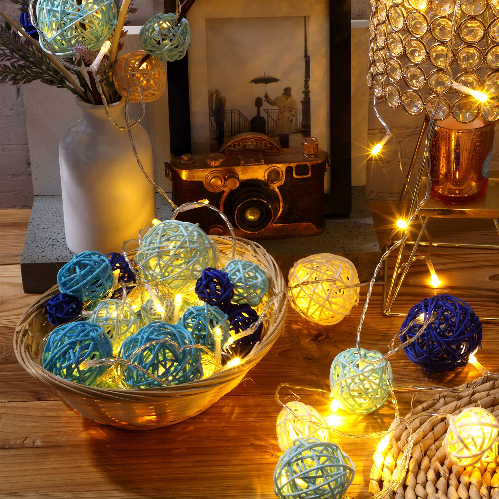 72 Pcs Wicker Rattan Balls for Vase Fillers, Centerpieces, and Home Decor - 4 Sizes (Sky Blue, White, Blue, Light Blue, Dark Blue) - Perfect for Spring & Summer Crafts, Wedding Decor, and DIY Projects