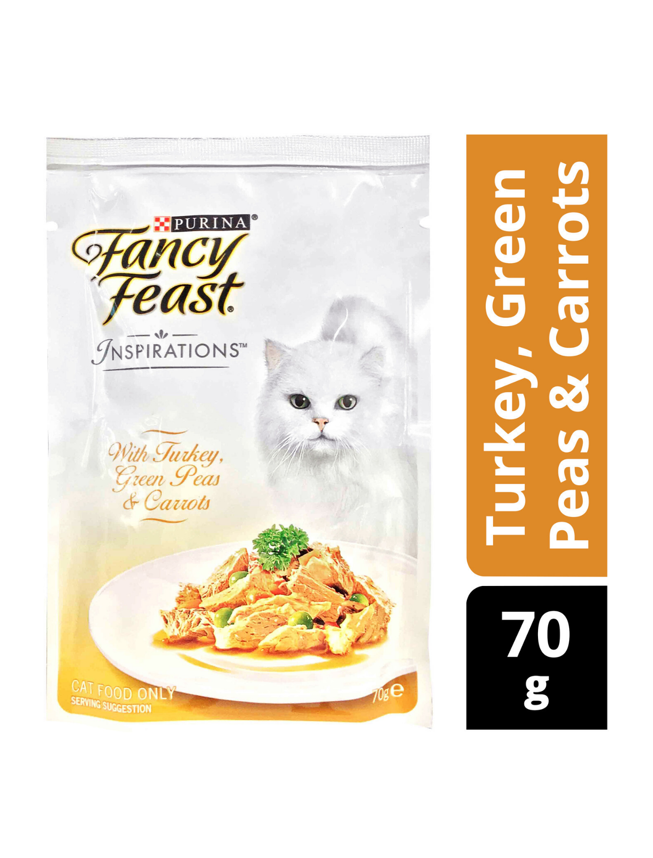 Fancy Feast Inspirations Turkey, Green Peas & Carrots Wet Cat Food Pouches - 70g (Pack of 24) | Grain-Free, Natural Ingredients for Adult Cats | Perfect for Mealtime, Travel & Treats