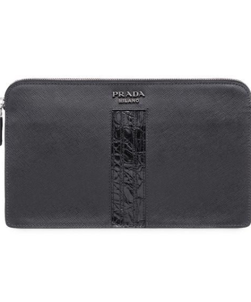 Prada Saffiano Crocodile Leather Wallet Pouch for Women - Black Luxury Small Crossbody Bag for Everyday Use & Special Occasions