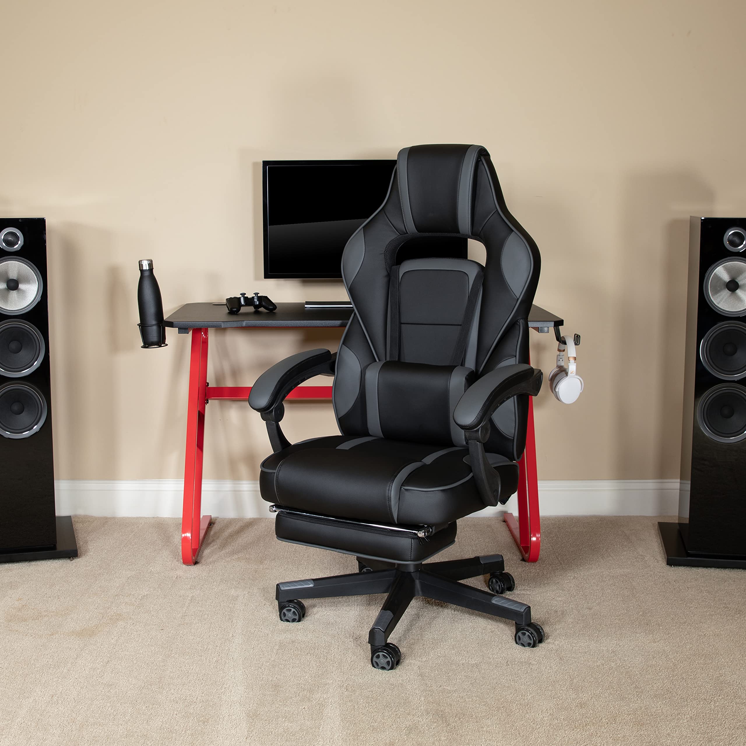 EMMA + OLIVER Gaming Chair Bundle with Cup Holder, Headphone Stand & Black Reclining Footrest - Ergonomic Computer Desk Chair for PC Gamers, Office Workers and Home Theater Relaxation