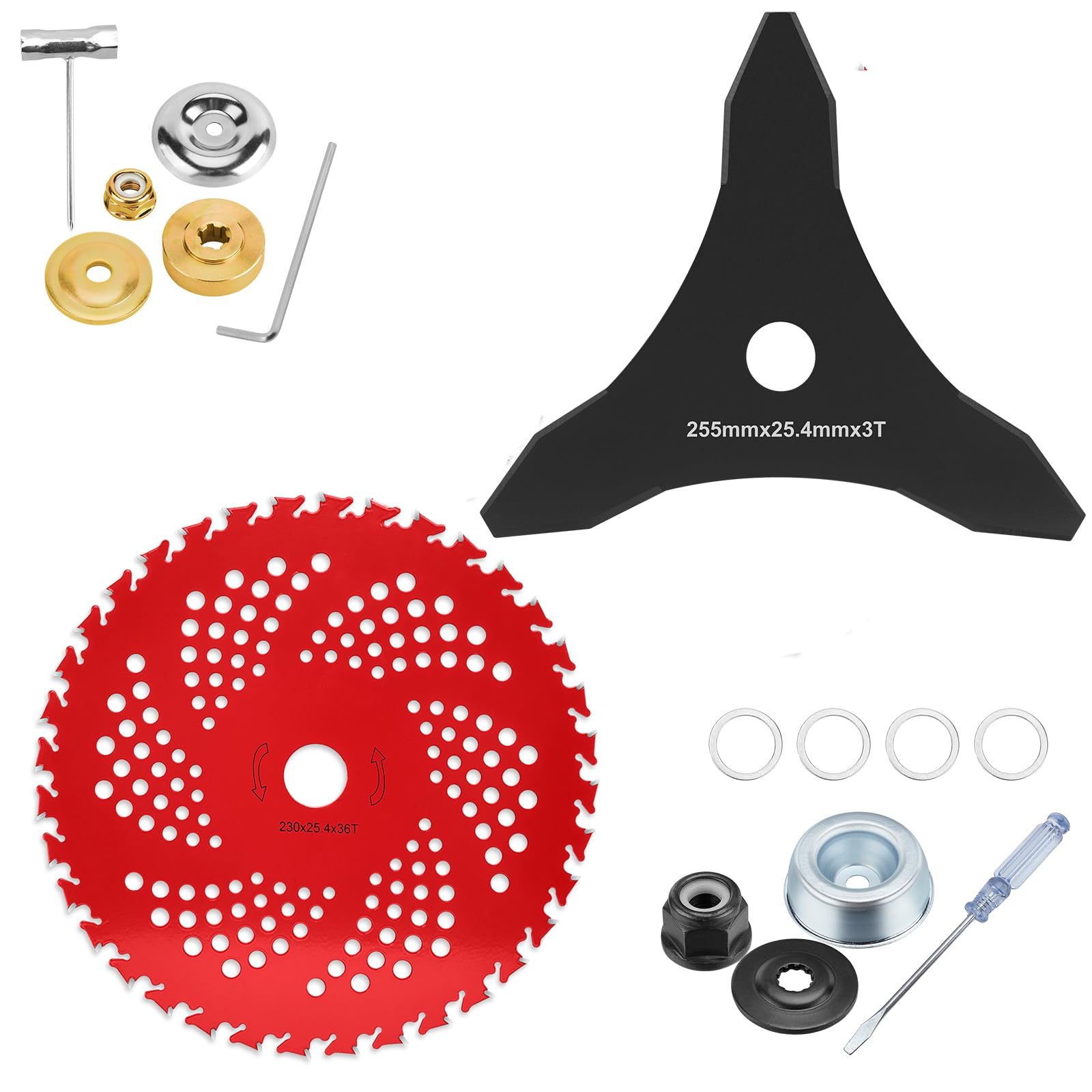 9-Inch 36-Tooth Carbide Tipped Blades & 3-Tooth Brush Cutter Blade Set with Universal Adapter Kit - Compatible with Husqvarna, Stihl, FSX (1