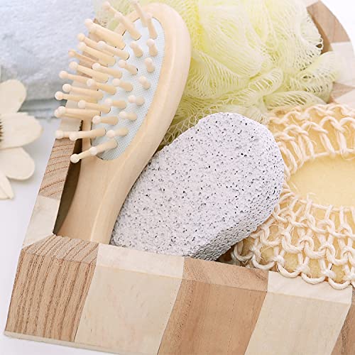 Herbal Brews Luxury Bath & Body Gift Set for Women & Men - Wooden Heart Box with Body & Foot Massager, Pumice Stone, Bamboo Hair Brush, Loofah & Hemp Body Sponge - Perfect for Home Spa, Relaxation & Self-Care Gifts