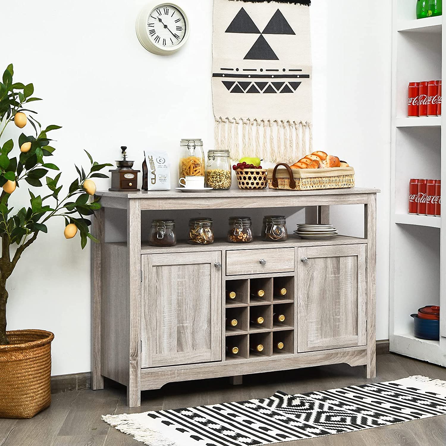 BANGTANE Buffet Kitchen Sideboard - Wooden Console Table with 2 Cabinets, Drawer, Wine Rack & Open Shelf | Storage Organizer for Living Room & Dining Room | Perfect for Home Decor & Entertaining Guests (Grey)