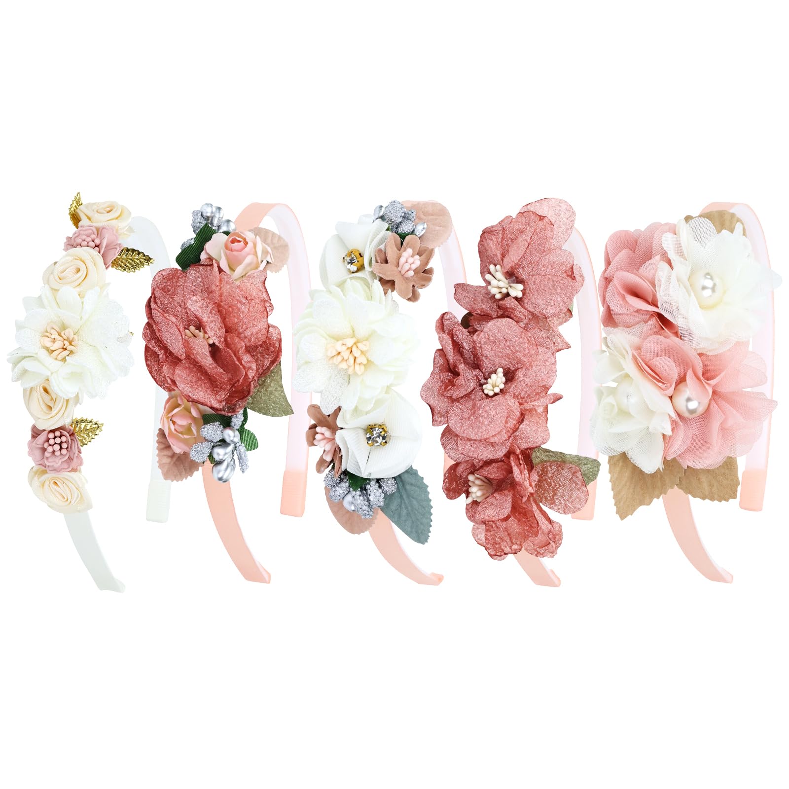 5-Piece Floral Headbands for Girls - Plastic Flower Hair Bands & Hoops Accessories for Toddlers, Kids & Teens - Perfect for Birthday Parties, Photo Shoots & Spring Outfits