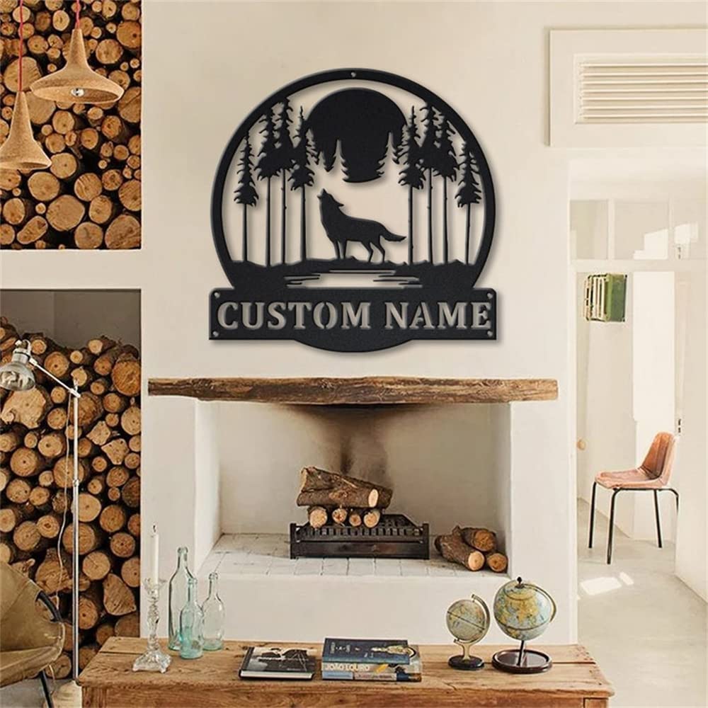 Custom Moon Wolf Metal Wall Art - Personalized Howling Wolf Name Sign for Outdoor, Garage & Bar Decor - Unique Wolf Gifts for Men & Housewarming Presents - Perfect for Cabin, Man Cave & Hunting Lodge Decor