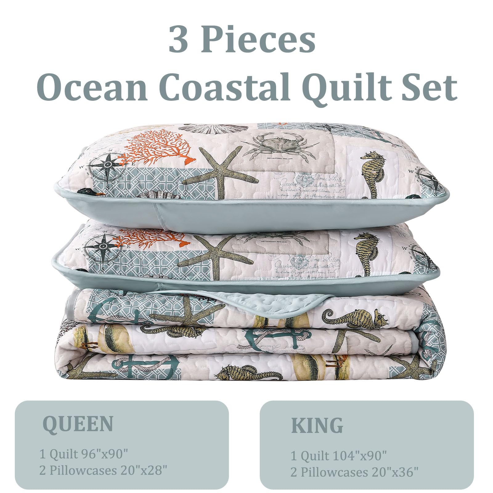 Ocean Themed Quilt Set - Queen Size 3 Piece Soft Microfiber Bedspread Coverlet | Lightweight Summer Blanket & Nautical Beach Bedding | All Season Coastal Decor for Bedroom | 96