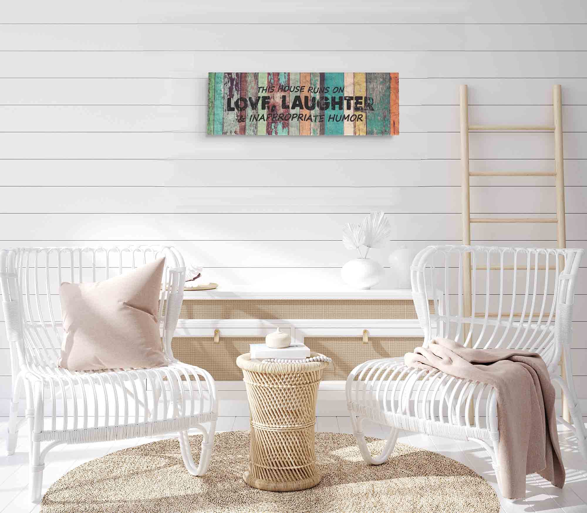 Stretched Canvas Wall Art Decor - 'This House Runs On Love, Laughter & Inappropriate Humor' - 8x24 Rustic Farmhouse Faux Plaque Sign - Perfect for Living Room, Bedroom & Home Office Decor