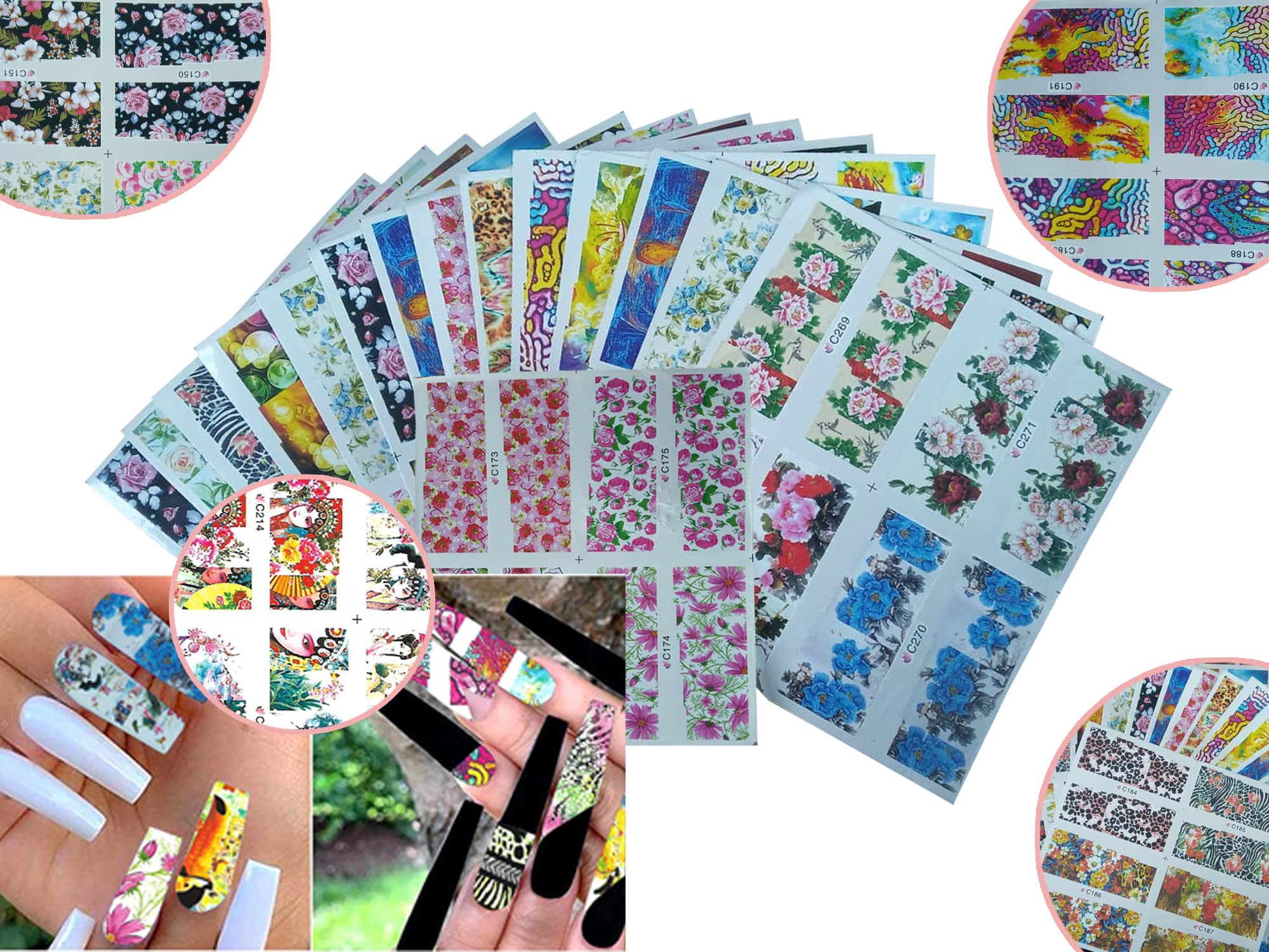 Liv'Oliv Self-Adhesive Nail Art Water Decals - 8PC Random Design Manicure Stickers for DIY Nail Decorations | Perfect for Salon, Home Use & Party Nail Art