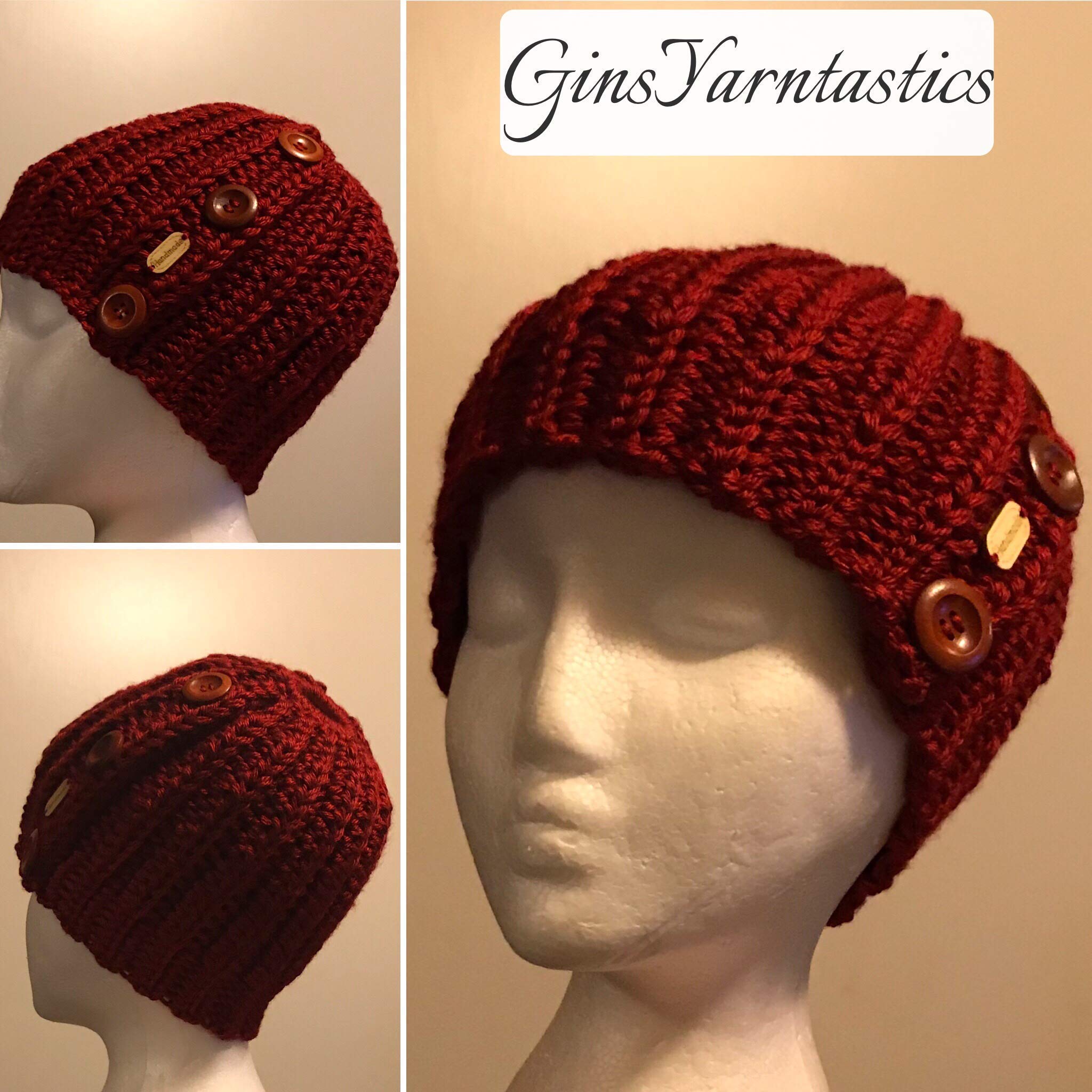 Autumn Red Crochet Messy Bun Beanie with Buttons - Stylish Winter Hat for Women, Warm Knitted Slouchy Cap for Cold Weather, Perfect for Outdoor Activities, Running, Hiking and Casual Wear