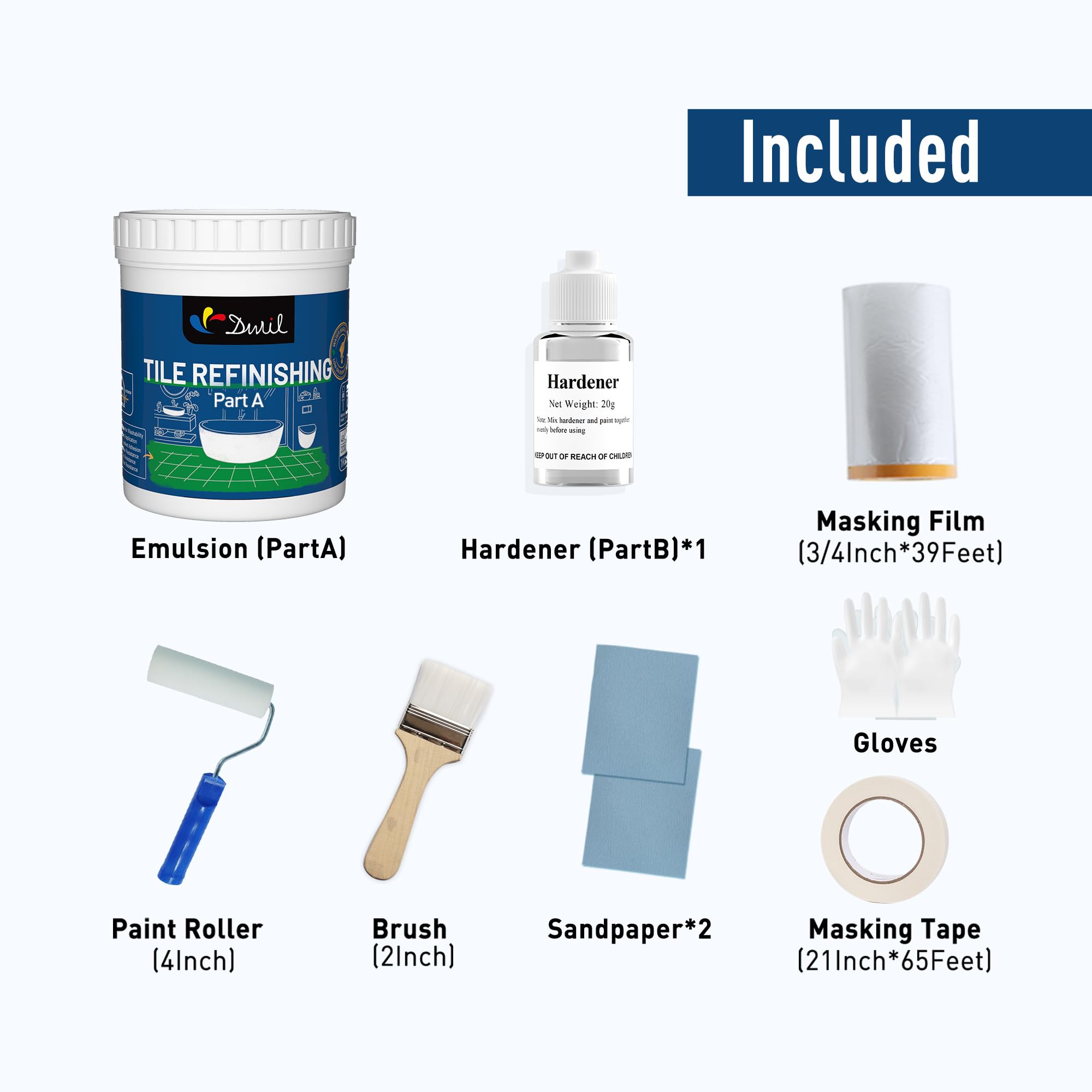 DWIL Tub and Tile Refinishing Kit - Water-Based Low Odor Bathtub Paint (Semi-Gloss White, 1KG Covers 50-55sq.ft) with Tools - Easy DIY Sink, Shower & Bathroom Tile Paint Kit for Home Renovation & Bathroom Makeover