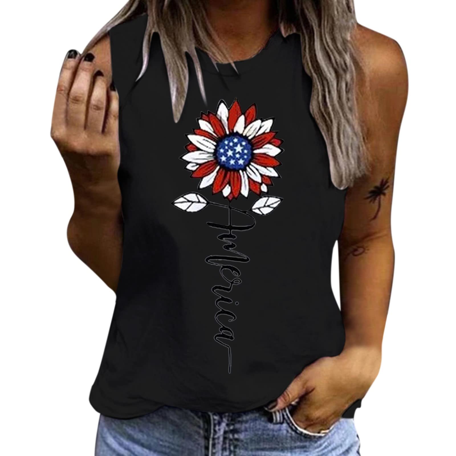 BEUU Women's Sleeveless Floral Print Crew Neck T-Shirt - Patriotic Vest Top for 4th of July, Summer Casual Wear | Perfect for BBQ Parties, Beach Outings & Independence Day Celebrations