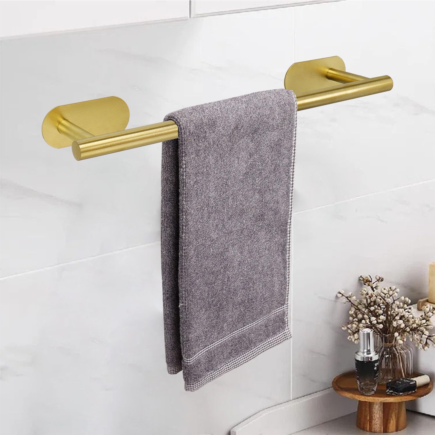 TocTen Self Adhesive No Drill Towel Bar - 16 Inch Rustproof Stainless Steel Bathroom Towel Holder - Damage-Free Easy Install Bath Towel Rack (Brushed Gold) - Perfect for Bathrooms, Kitchens & Small Spaces