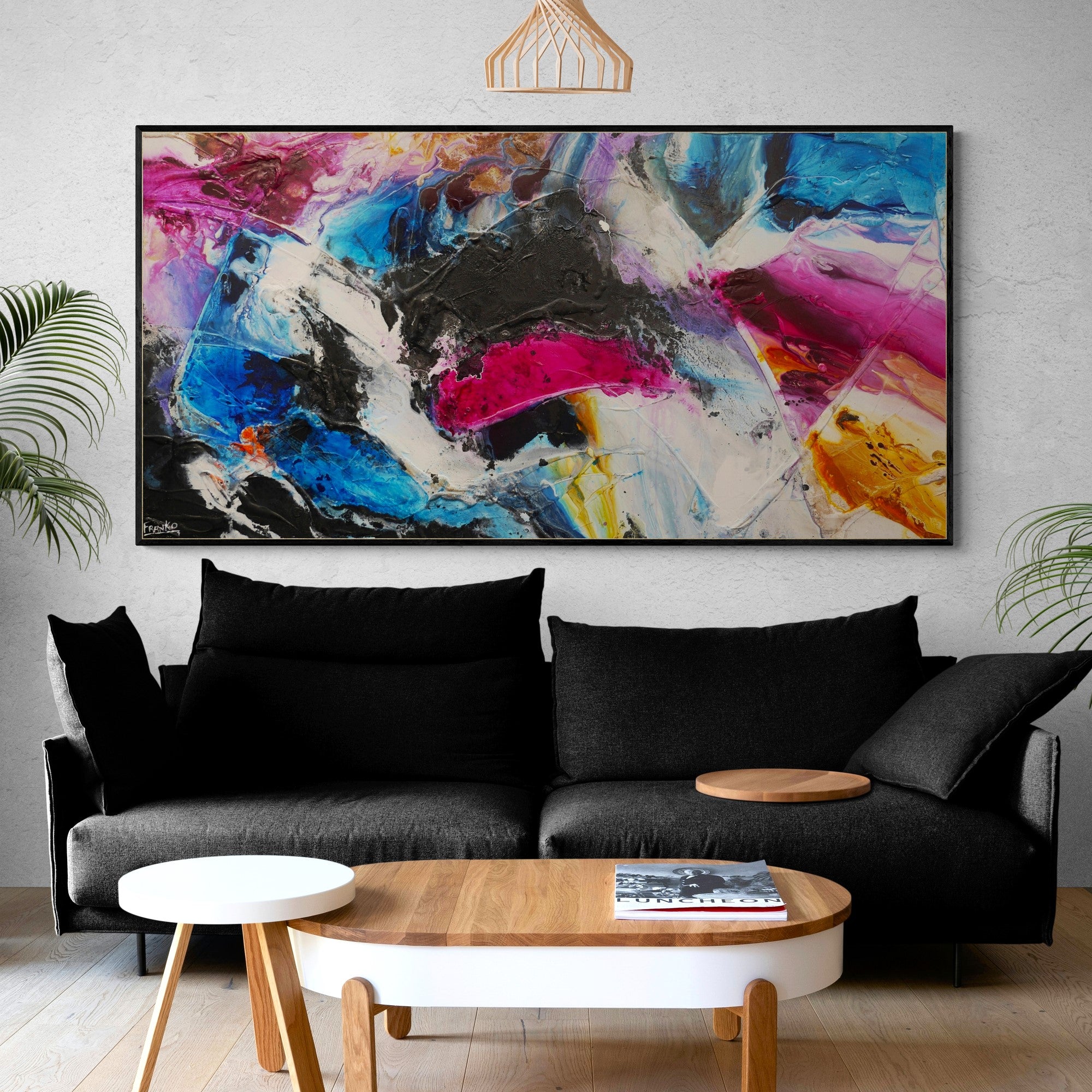 190cm x 100cm Mixed Media Abstract Painting - Violet, Orange & Black Textured Wall Art for Modern Living Room & Office Decor
