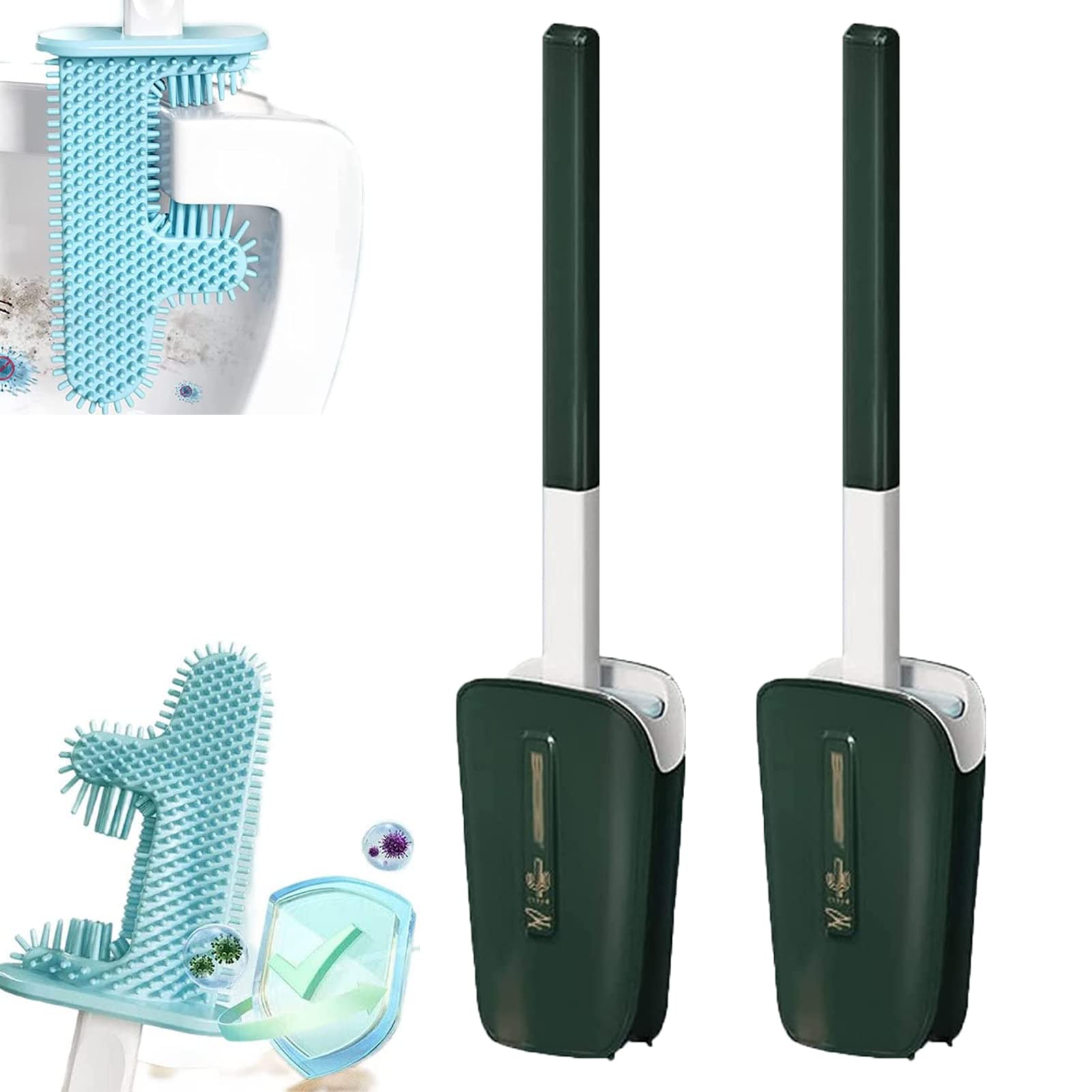 2PCS Wall Mounted Toilet Brush Set - No Dead Corner Cactus Design, Soft Silicone Flexible Bristles with Holder - Long Handle Bathroom Cleaning Brush for Hard-to-Reach Areas (Green) - Perfect for Small Bathrooms, RVs & Tight Spaces