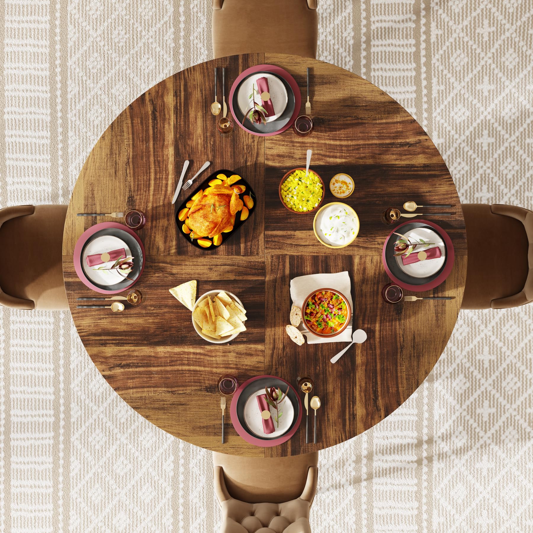 Tribesigns 47-Inch Round Dining Table for 4-6 People, Farmhouse Kitchen Table with Metal Base, Industrial Style Circle Dinner Table for Kitchen, Living Room, Dining Room - Black and Brown Finish, Perfect for Family Meals and Entertaining Guests