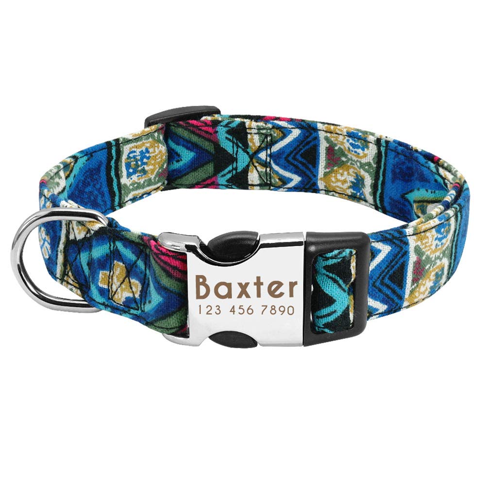 SOCHII Personalized Dog Collar - Custom Engraved Nylon Collar with Name Plate for Medium & Large Dogs (Pug, French Bulldog) - Durable & Adjustable Pet Collar for Walking, Training & Outdoor Adventures (Blue)