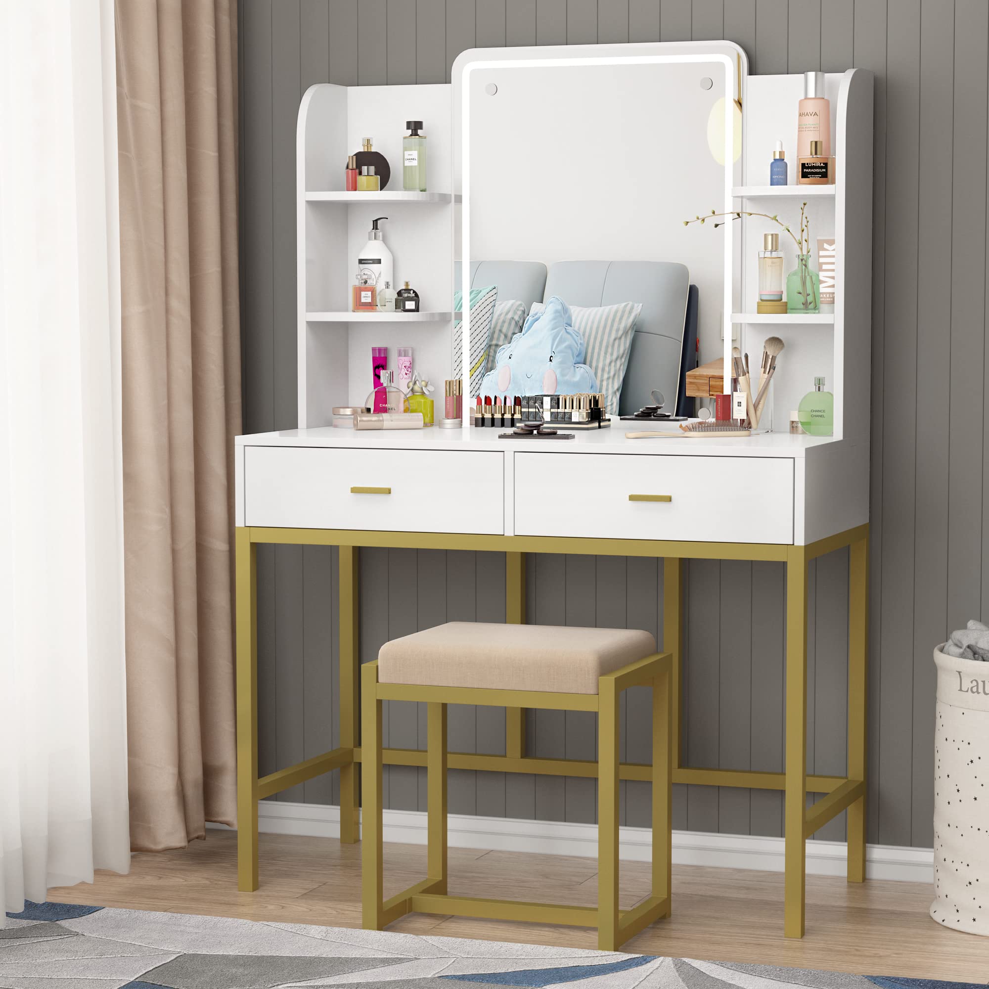 Lighted Makeup Vanity Set with Mirror & Stool - Gold-White Dresser for Bedroom Beauty