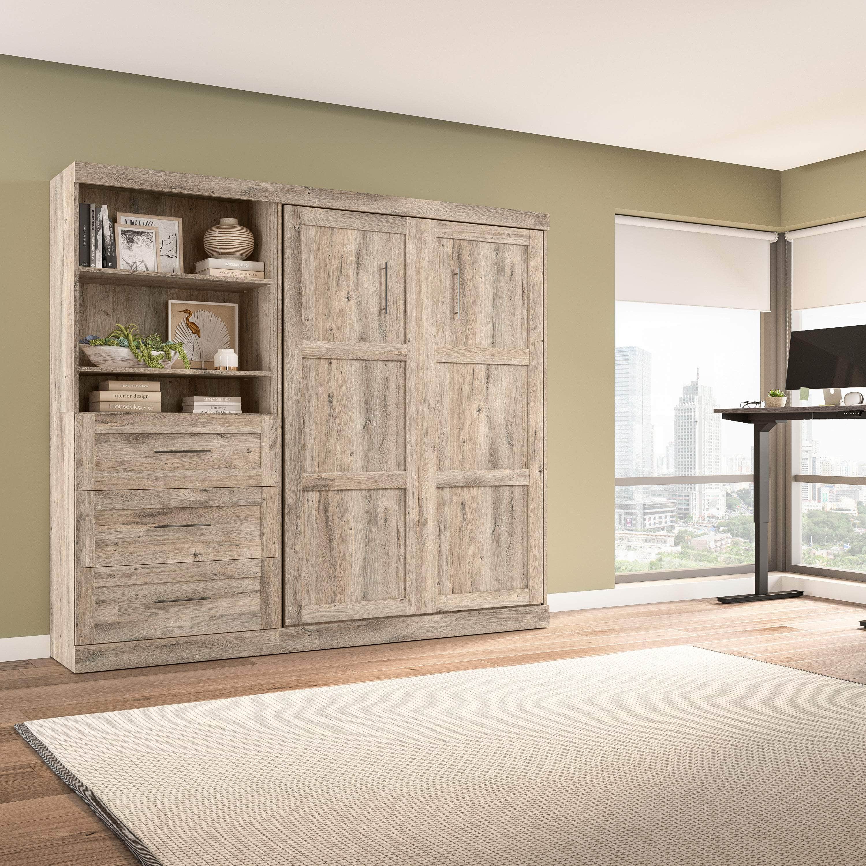 Pur Full Murphy Wall Bed with Storage Drawers - Space-Saving Foldable Bed for Small Apartments & Guest Rooms (95W, 3 Color Options)
