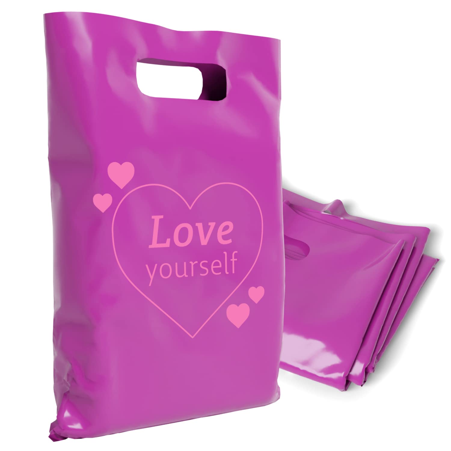 12x15 Plastic Bags with Handles - Durable Retail Shopping Bags for Small Business & Boutique Stores - Perfect for Vendor Events, Tradeshow Supplies & Gift Packaging - Love Yourself Collection