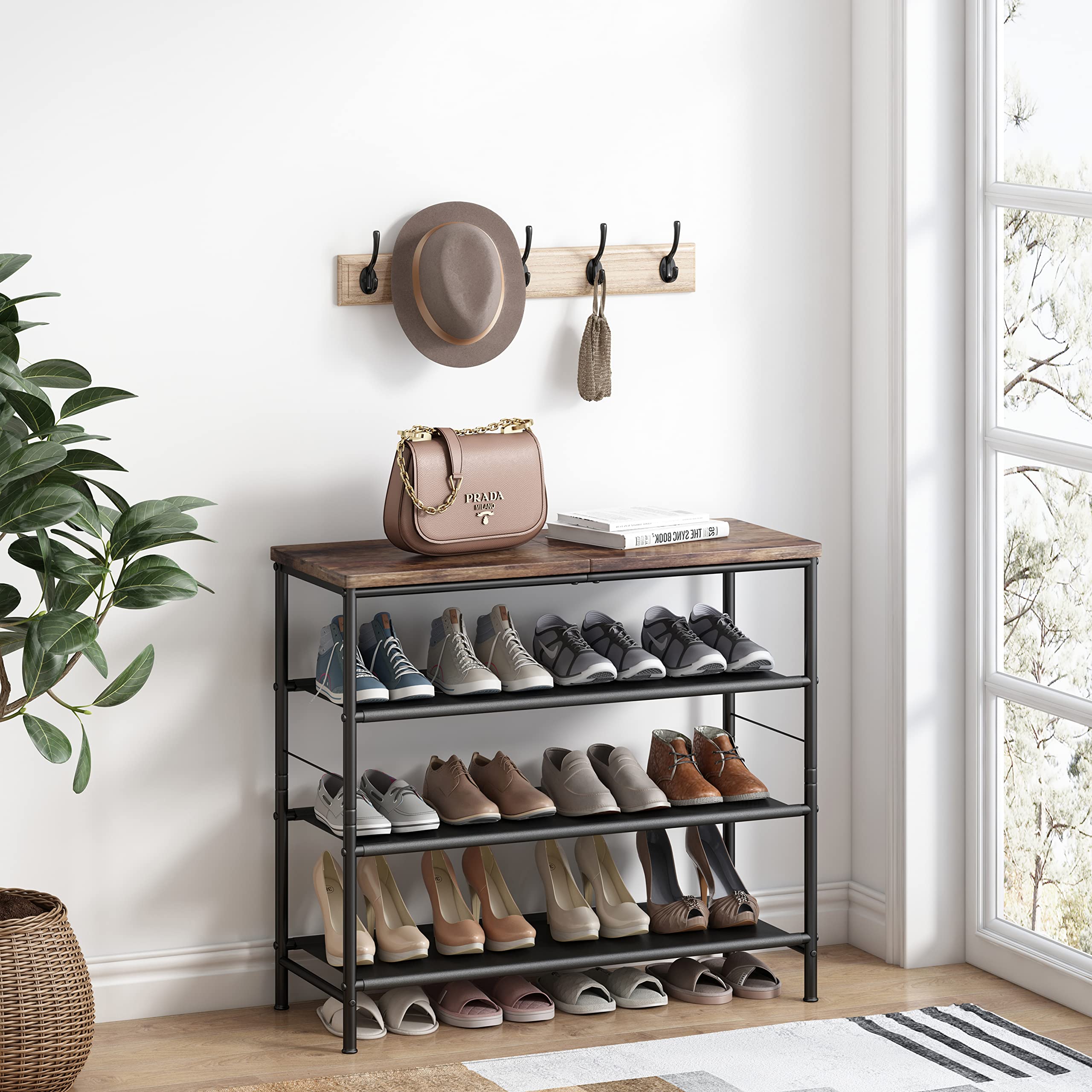 4-Tier Metal Shoe Rack Organizer with Industrial MDF Board & Fabric Layers - Space Saving Entryway Closet Storage Shelf for Bedroom, Living Room, Garage (Black & Rustic Brown) - Perfect for Organizing Shoes, Boots, and Home Decor in Small Spaces