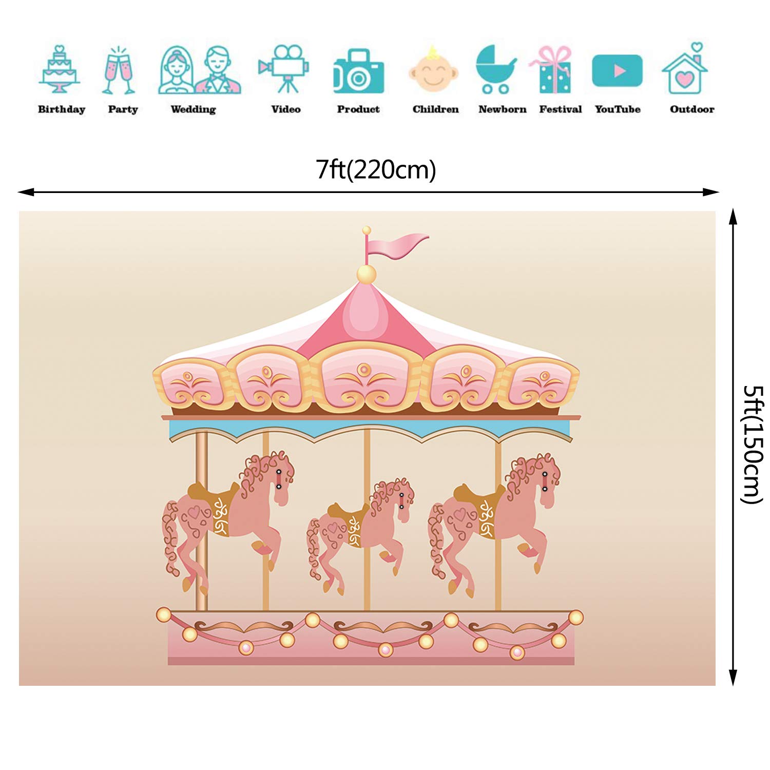 7x5ft Pink Carousel Backdrop for Baby Shower & Girls Birthday Party - Premium Photography Background for Photo Booth, Cake Smash, First Birthday, and Social Media Photos - W-2260
