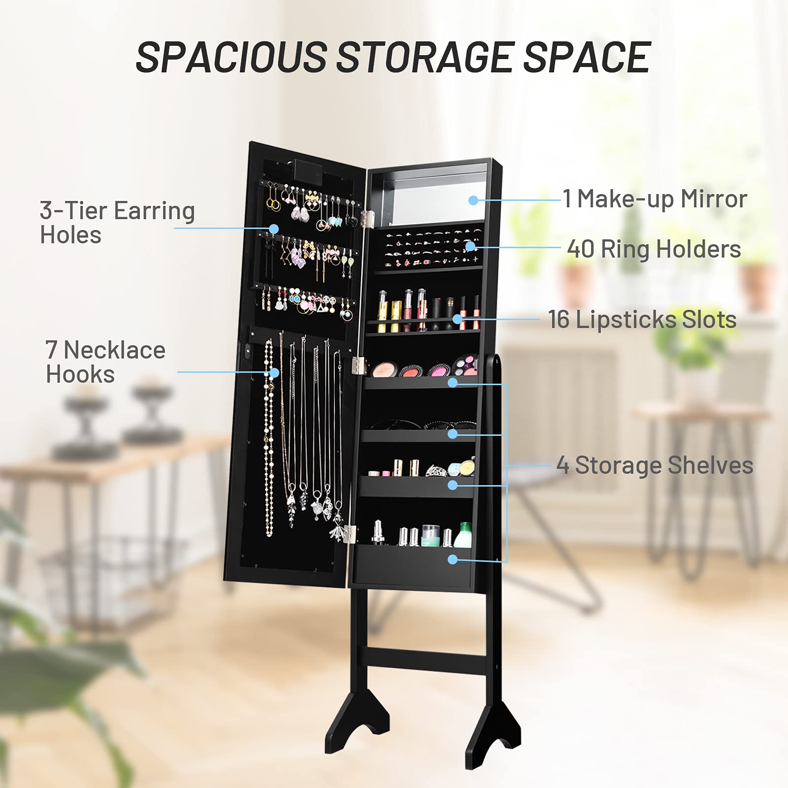 **LDAILY Standing Jewelry Armoire with 18 LED Lights - Mirrored Jewelry Cabinet Organizer for Necklaces, Earrings & Accessories - Full-Length Mirror with Large Storage for Women & Girls (Black) - Perfect for Bedroom, Closet & Dressing Room**