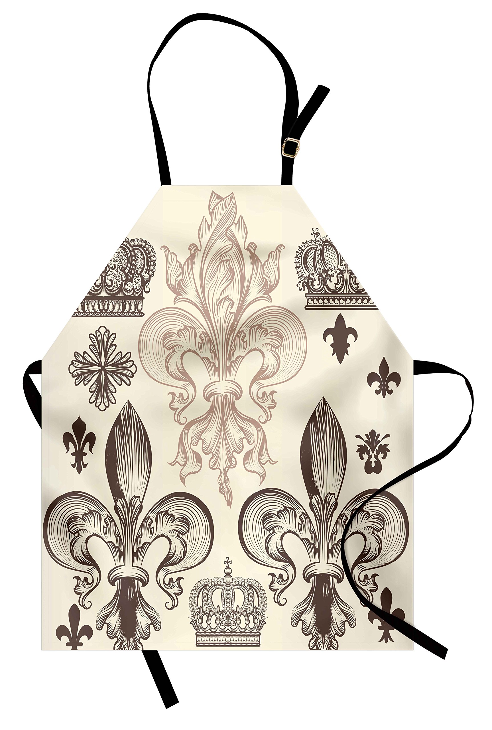 Lunarable Fleur De Lis Apron - Heraldic Royal Flower & Crowns Tiara Coat of Arms Knight Design - Adjustable Neck Unisex Kitchen Bib for Cooking, Baking, BBQ & Gardening - Adult Size Beige Taupe - Perfect for Chefs, Bakers & Outdoor Enthusiasts