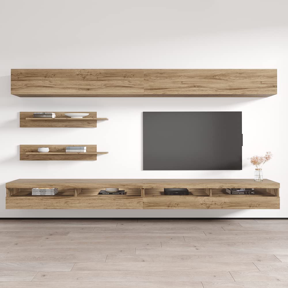 Modern Oak Wall-Mounted TV Stand with Storage Shelves & LED Lights - Floating Entertainment Center Console for Living Room & Bedroom - Perfect for Small Spaces & Home Theater Setup - Meble Furniture Fly I1 35TV Stand