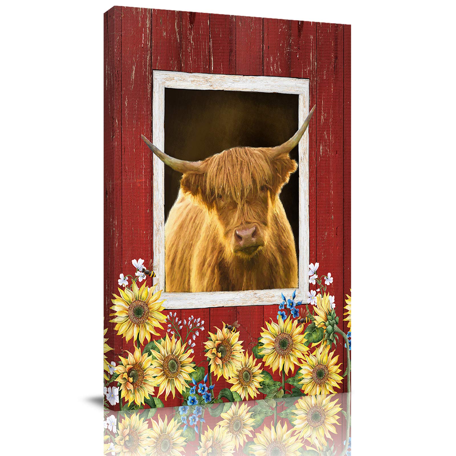 Highland Cow Sunflower Blue Flower Canvas Wall Art - Framed Ready to Hang Painting for Kitchen, Bathroom, Bedroom Decor - 20x28 Inch Farmhouse Style Wall Decor - Perfect for Home, Office & Gift Giving