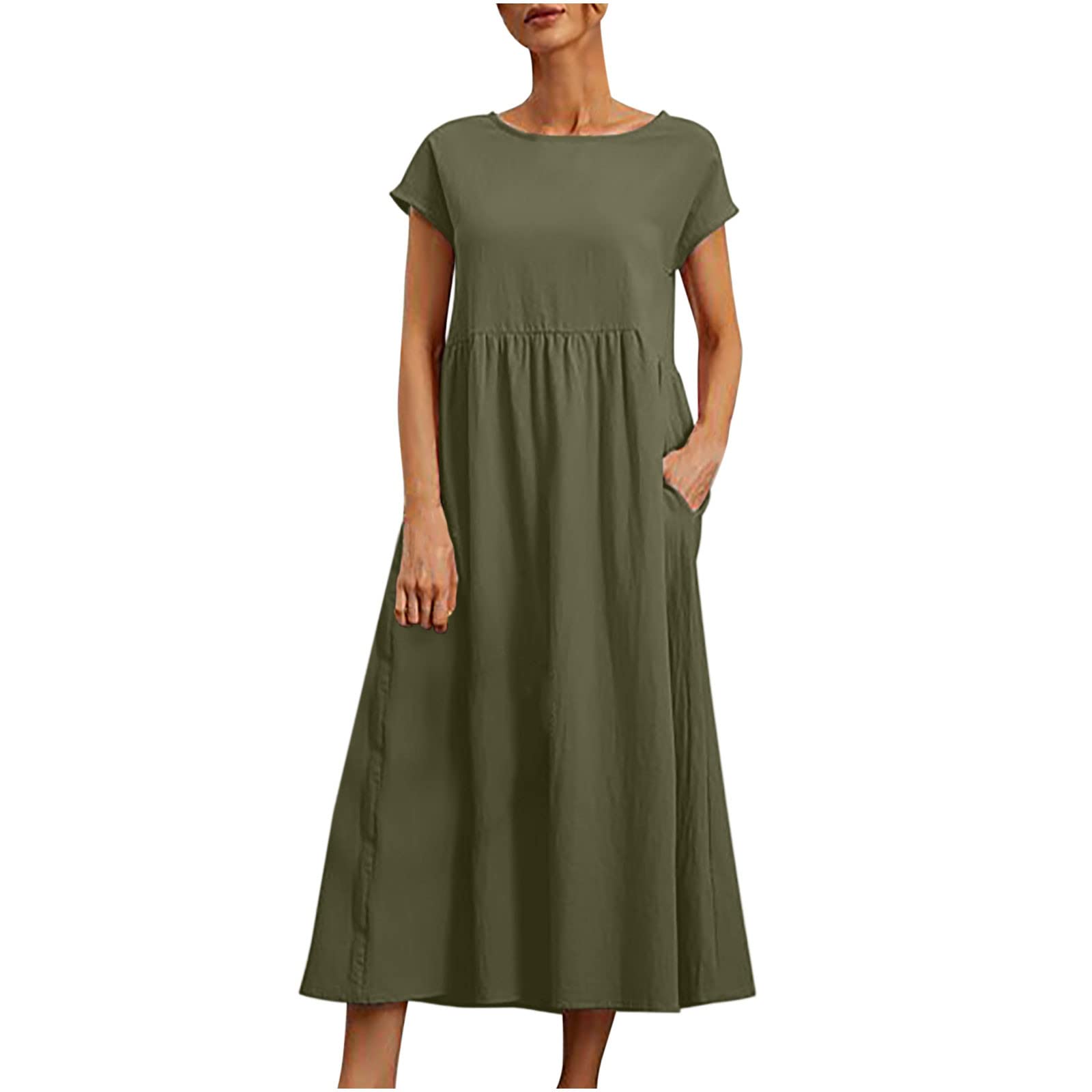 Women's Summer Linen Maxi Dress - Solid Color Round Neck Tiered Short Sleeve Bohemian Casual Dress | Comfortable Loose Fit for Daily Wear, Spring Outfits & Beach Vacations | Pink Flowy Dress for Women