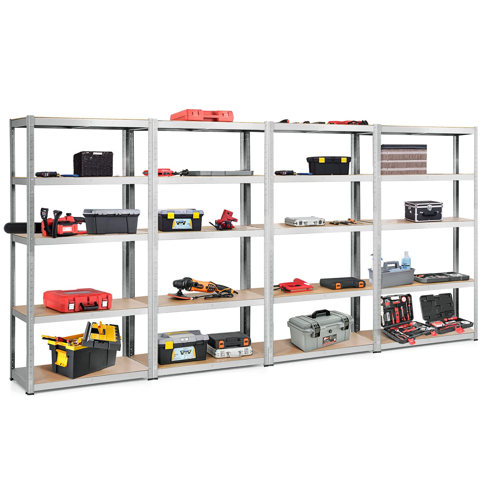 ERGOMASTER 5-Tier Heavy Duty Steel Shelving Unit - 144 x 16 x 72 Inch Bolt-Free Storage Rack for Garage, Kitchen, Office & Workshop (4-Pack, Silver) | Organize Books, Tools, Kitchenware & More