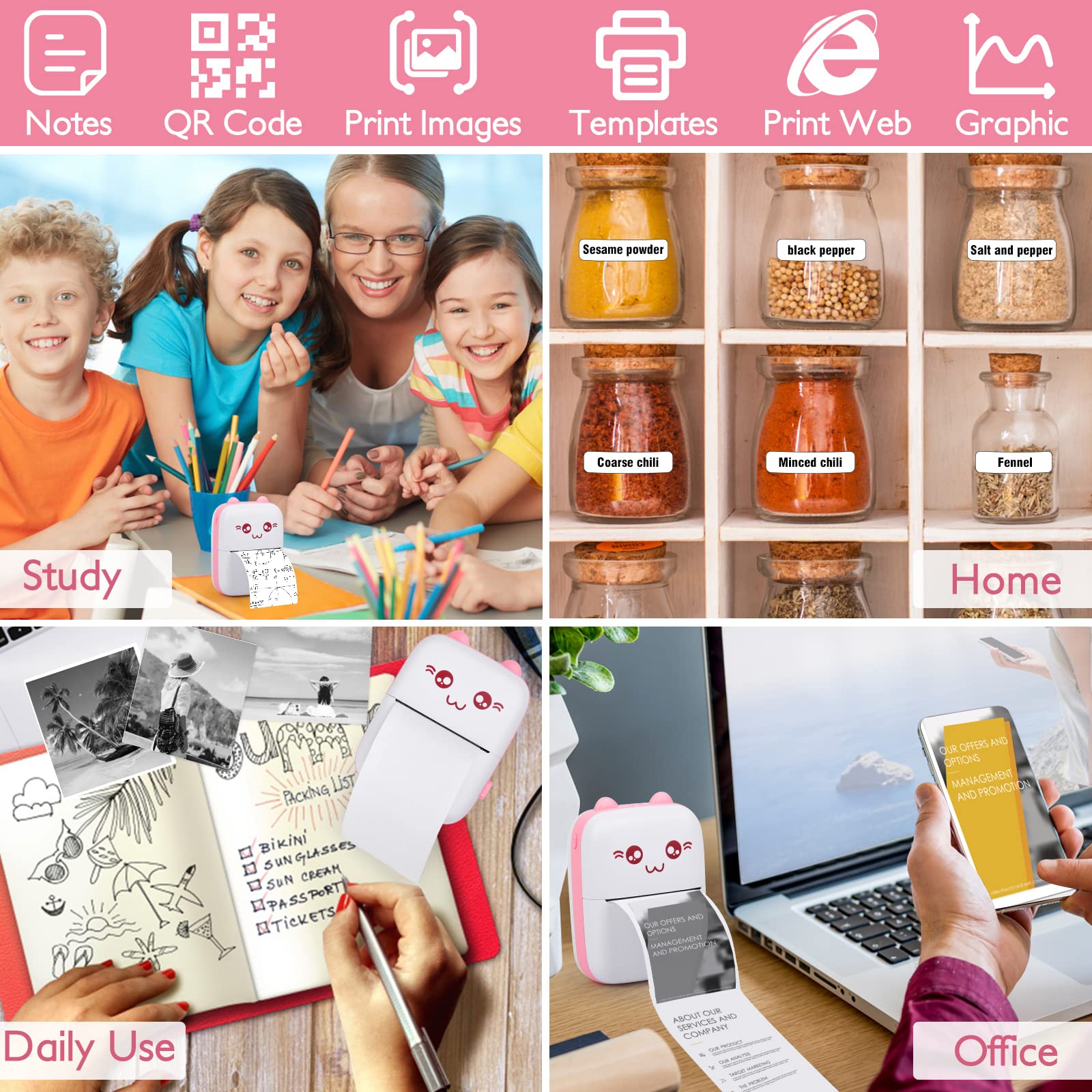 Eschen Pocket Mini Printer - Portable Wireless Thermal Printer for iOS & Android, 6 Rolls Inkless Printing Paper Included - Print Labels, Receipts, Stickers, Photos, Lists & Notes - Perfect for Home, Office, Travel & Gift Giving (Pink)