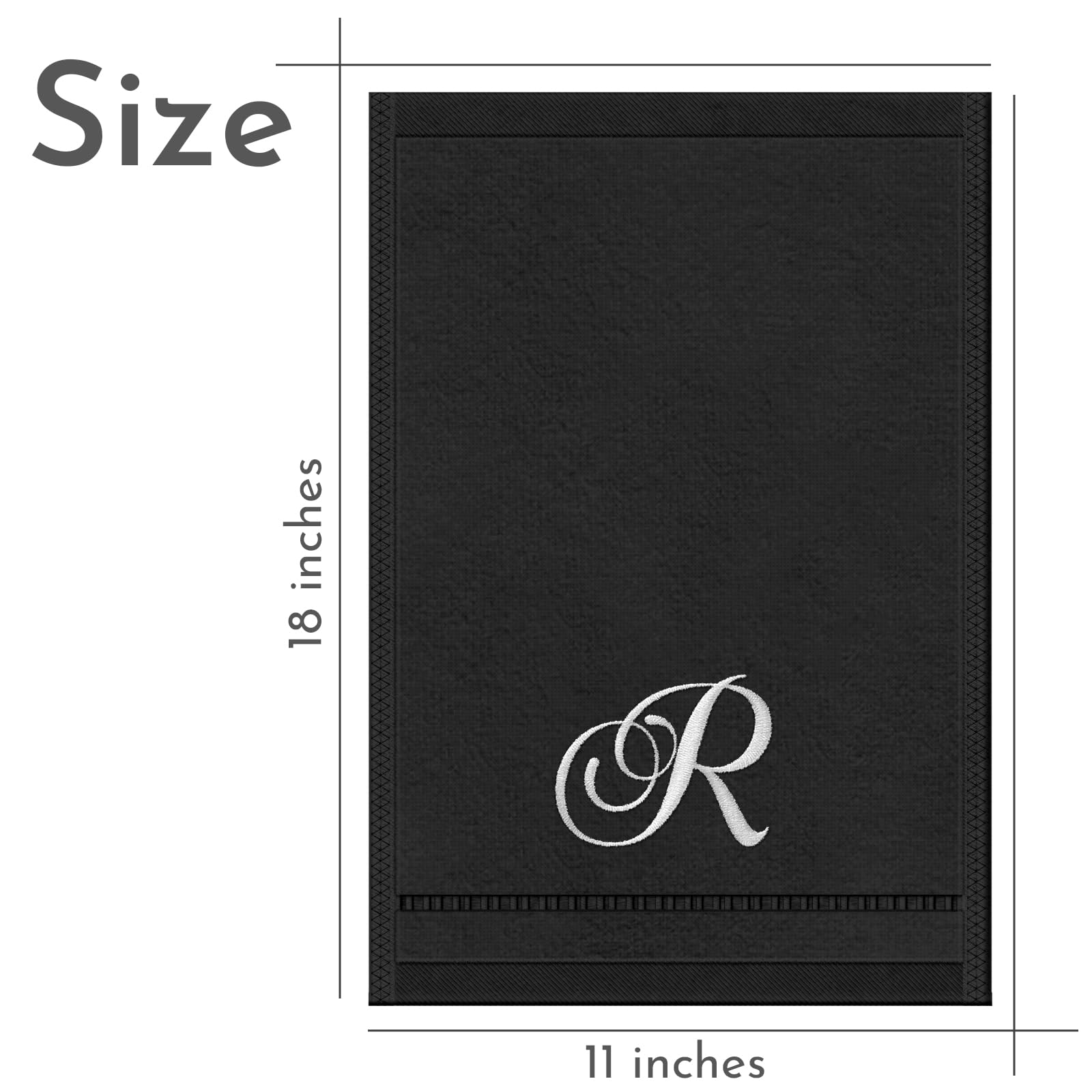 Personalized Monogrammed Hand Towels Set - 100% Cotton Embroidered Bathroom Towels (11x18 Inches) - Black Initial R - Set of 2 - Perfect for Guest Bathrooms, Powder Rooms & Luxury Home Decor