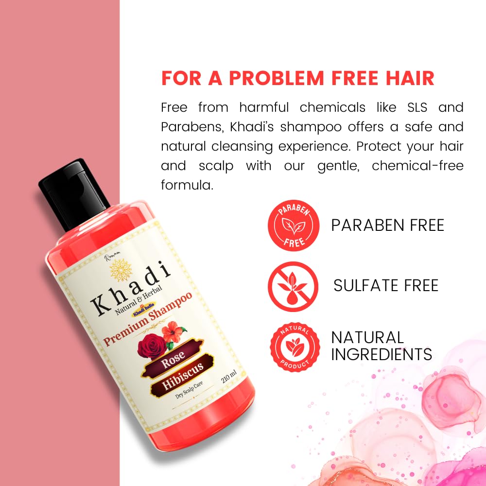 KHADI Ayurvedic Anti Dandruff Shampoo with Rose & Hibiscus - 100% Natural, Sulfate-Free Hair Care (210ml) for Dry, Itchy Scalp & Flakes | Gentle Daily Use for Healthy Hair Growth