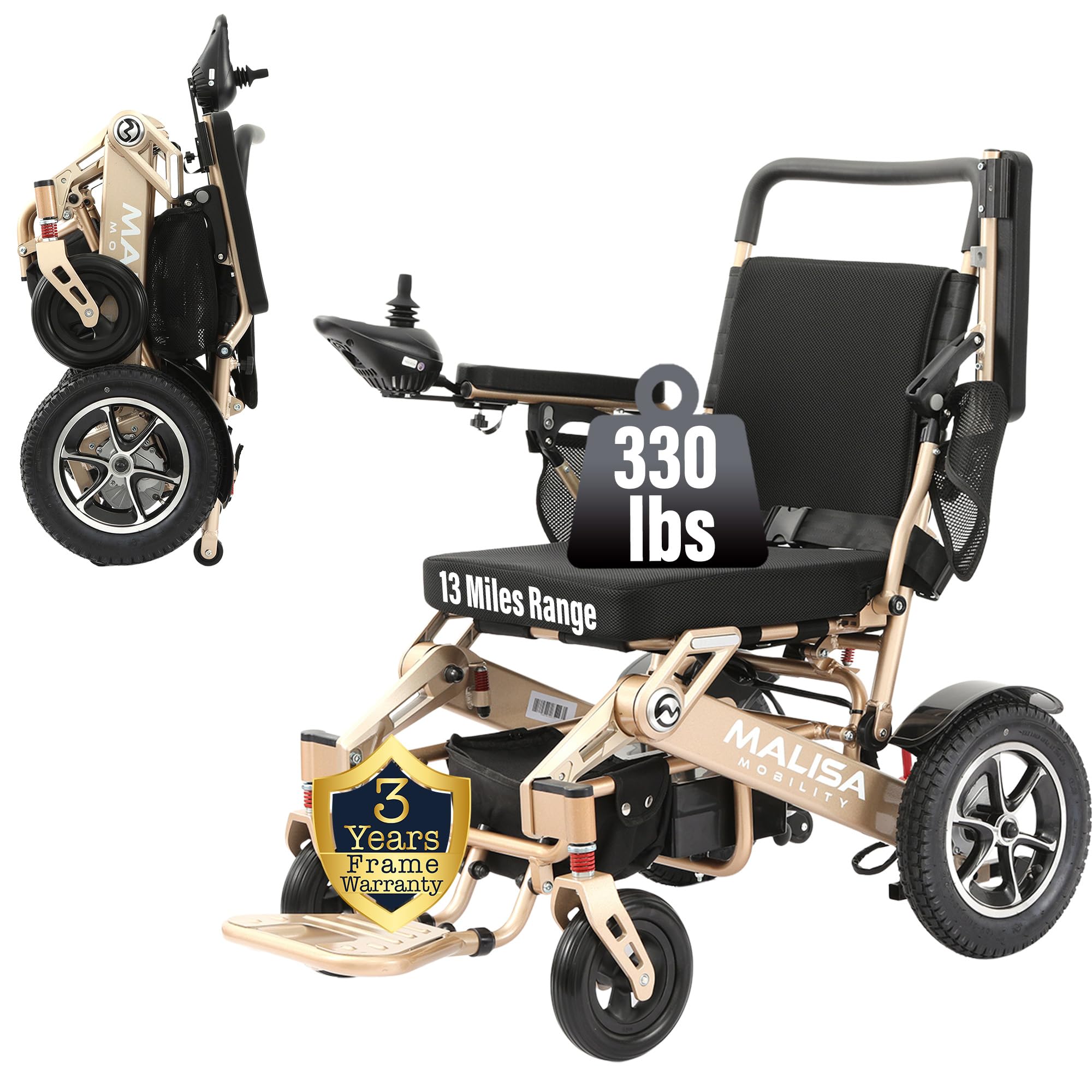 MALISA Electric Wheelchair for Adults - Automatic Folding Power Wheelchair, Lightweight Foldable Motorized Wheelchair with All-Terrain Capability (Bronze Frame) | Ideal for Indoor Use, Outdoor Travel & Mobility Assistance