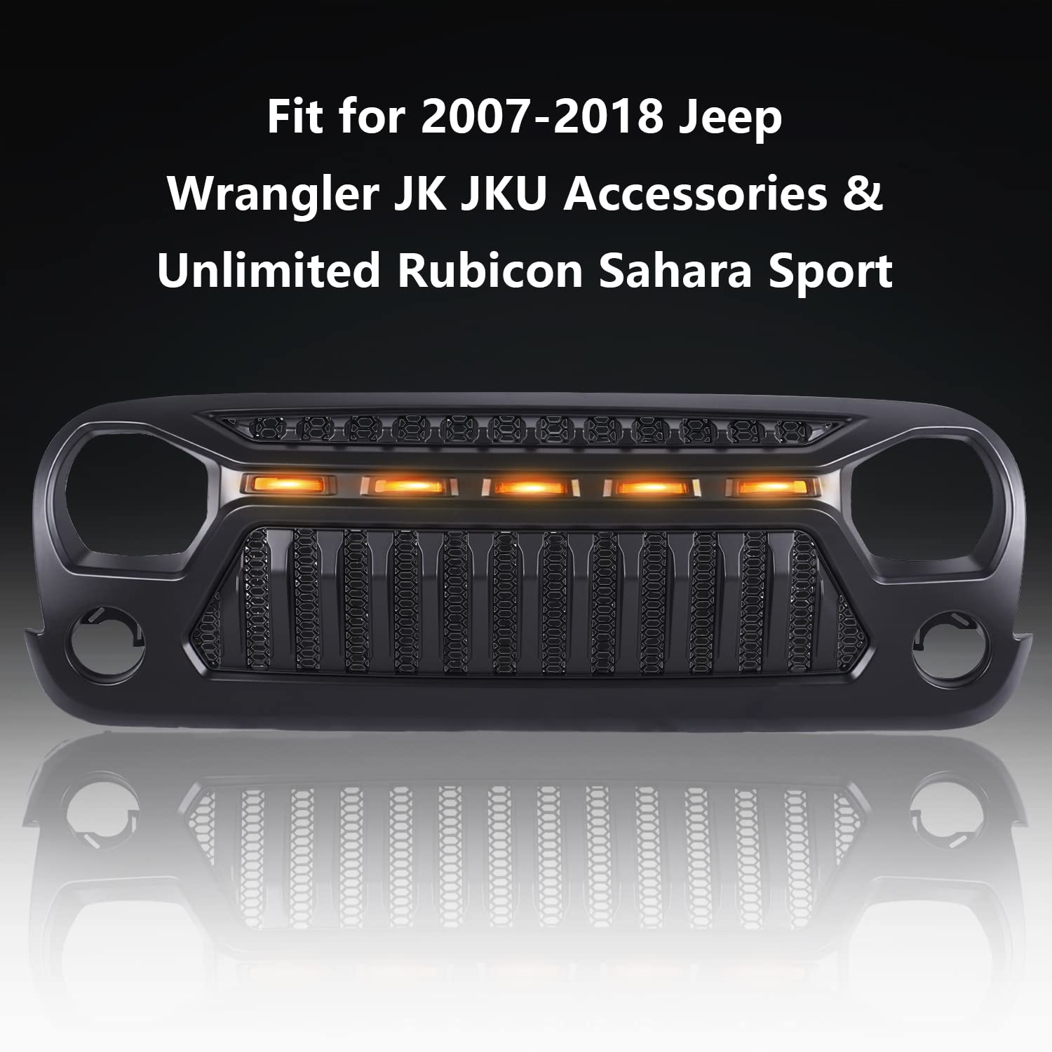 2007-2018 Jeep Wrangler JK JKU Front Grill Mesh Cover - Matte Black ABS with Amber LED Running Lights | Fits Unlimited Rubicon Sahara Sport Models | Off-Road Protection & Style Upgrade