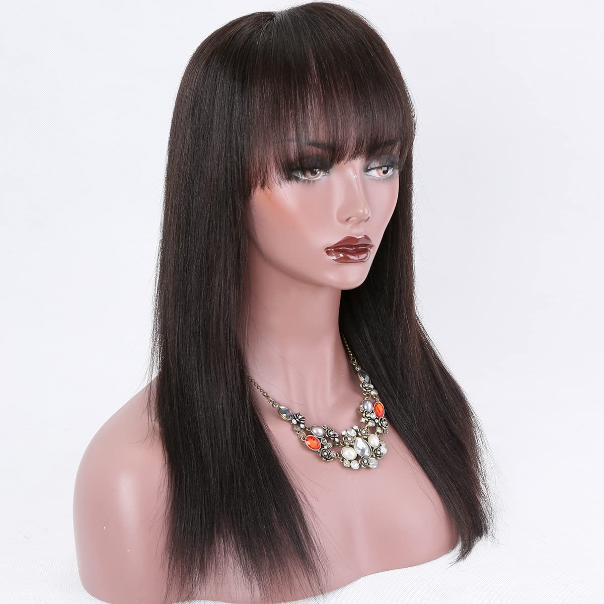 360° Glueless Lace Front Wig - Brazilian Virgin Human Hair, Pre Plucked with Bangs, Light Yaki Straight, 150% Density, 14 Inches - Natural Black Women's Wig for Daily Wear & Special Occasions