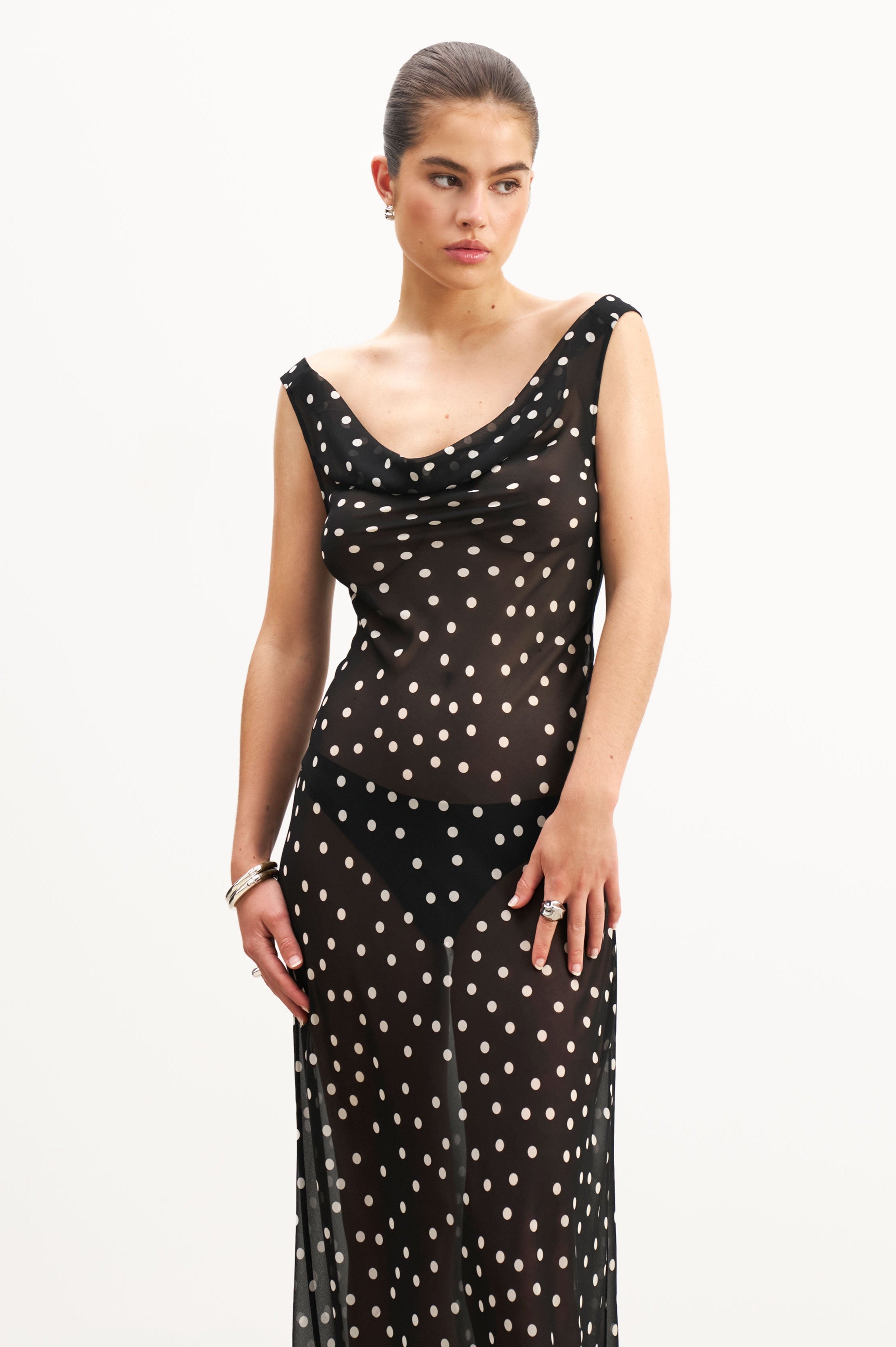 Elegant Chiffon Cowl Neck Maxi Dress with Polka Dots - Perfect for Evening Parties, Weddings & Special Occasions