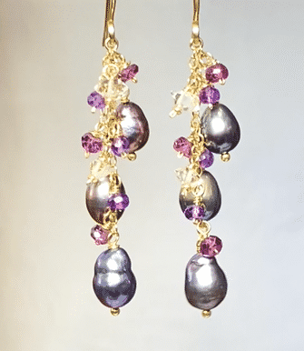 Exquisite Peacock Edison Pearl Dangle Earrings with Amethyst, Garnet & Herkimer Diamonds - Elegant Bohemian Jewelry for Women, Perfect for Weddings, Parties & Special Occasions