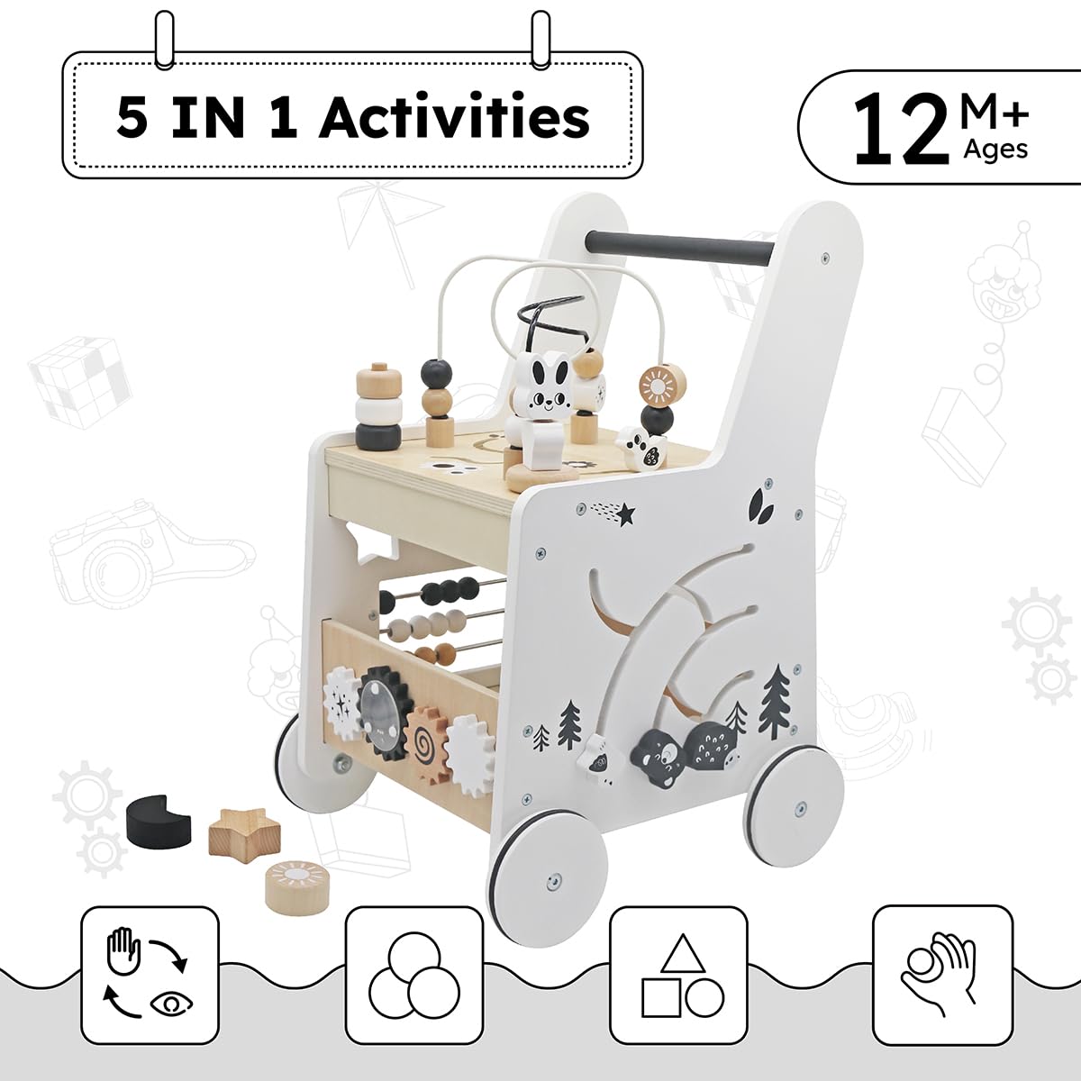 Montessori Baby Walker - 5in1 Wooden Activity Cube for Toddlers 1+ | Learning & Play Toy for Home Daycare