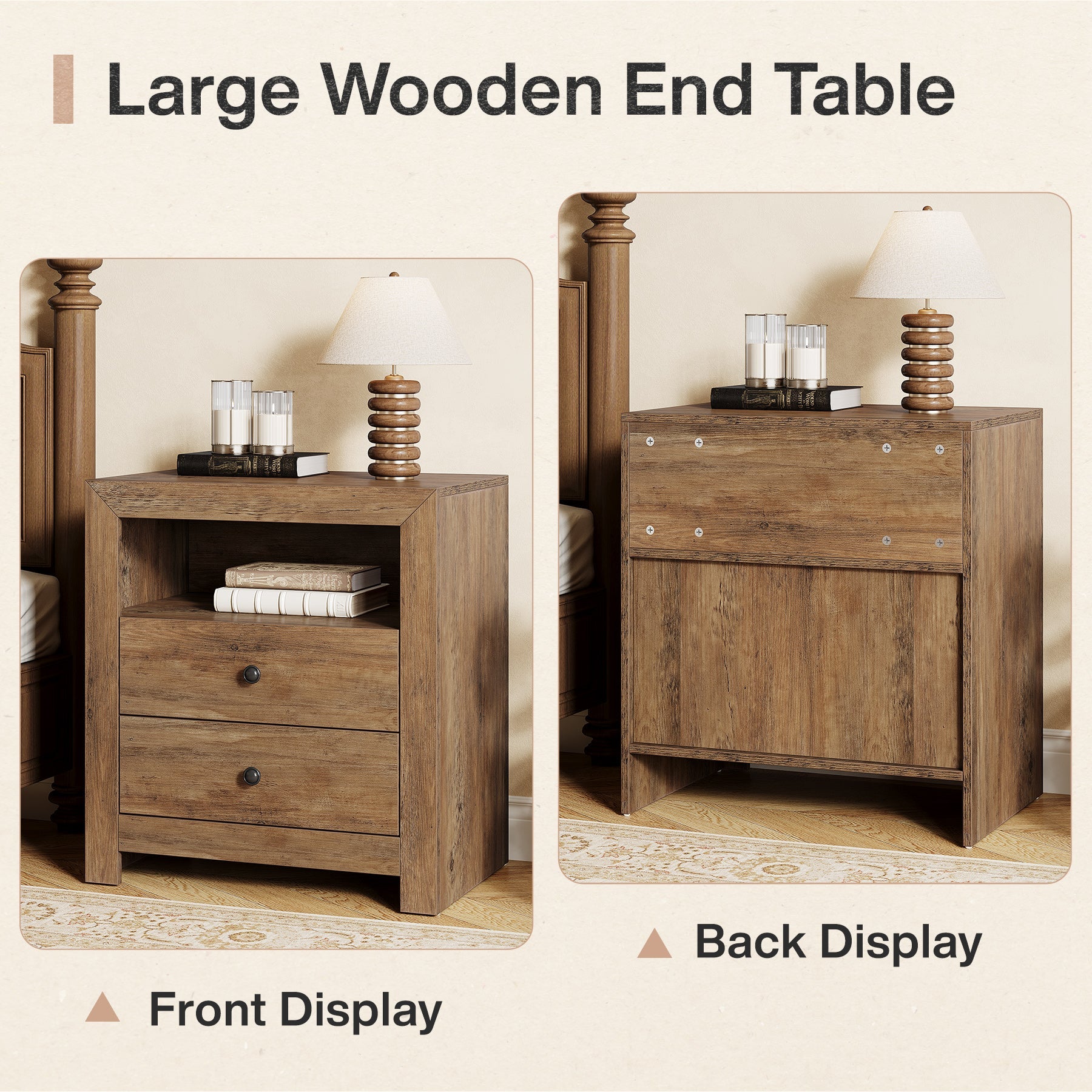 23.6 Inch Rustic Nightstand with 2 Storage Drawers - Wooden Bedside Table for Bedroom, Living Room & Office - Compact End Table with Ample Storage Space