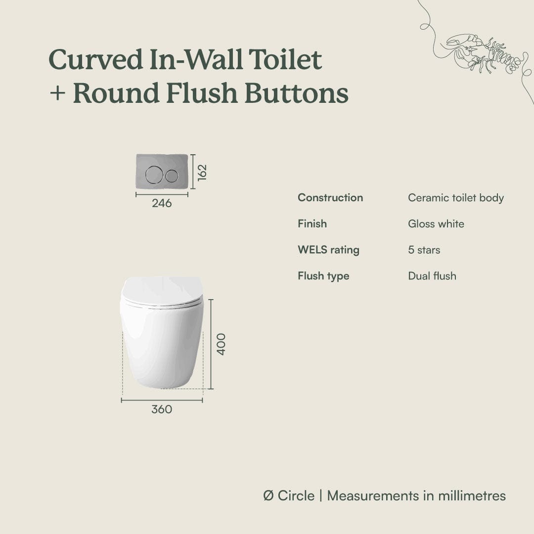 Stylish Curved In-Wall Toilet with Round Gunmetal Buttons - Modern Space-Saving Bathroom Solution for Small Homes and Luxury Apartments