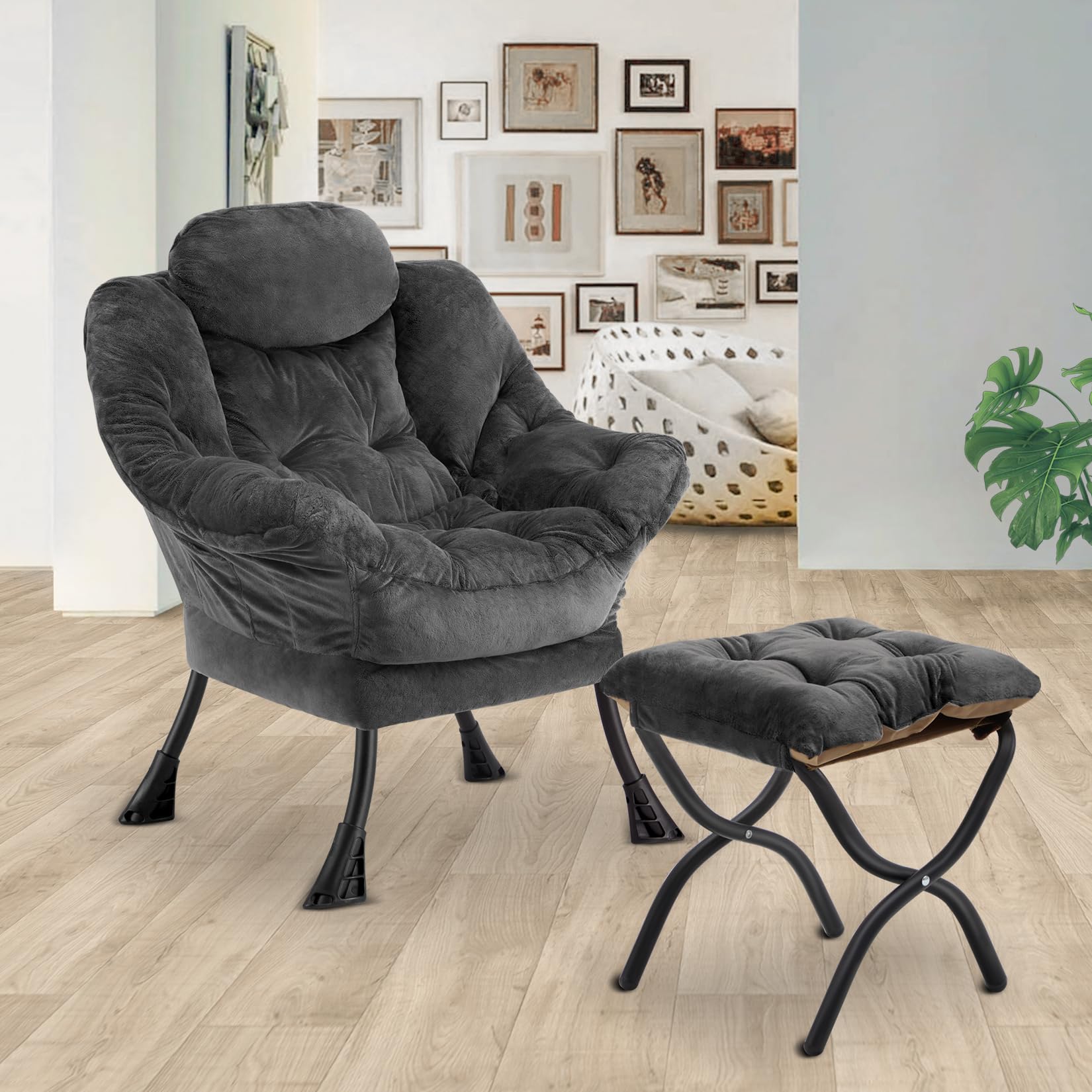 Comfortable Folding Ottoman Lazy Chair - Soft Fabric Armchair with Armrests & Side Pockets, Reclining Reading Chair with Footrest for Living Room, Bedroom, Office - Plush Dark Grey - Perfect for Relaxing, Napping & Lounging at Home
