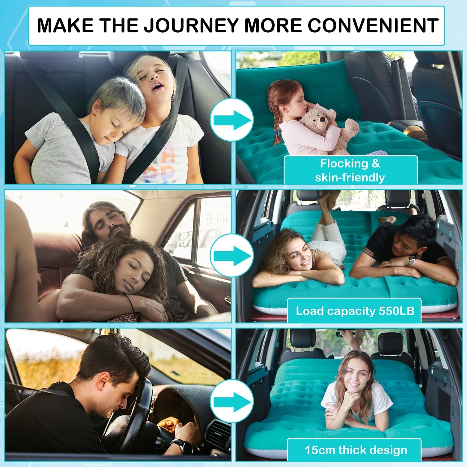 AKUDY Thickened Inflatable Car Air Mattress for SUV & Truck - Portable Camping Bed for Travel, Road Trips & Outdoor Sleeping (Blue, No Pedals)