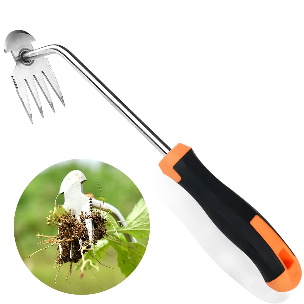 2024 New Stainless Steel Weed Puller Tool - 4 Teeth Dual Purpose Garden Weeder with Rubber Handle | Efficient Hand Weeder for Lawn Care, Flower Beds & Vegetable Gardens | Durable Weeding Tool for Home Gardening & Professional Landscaping