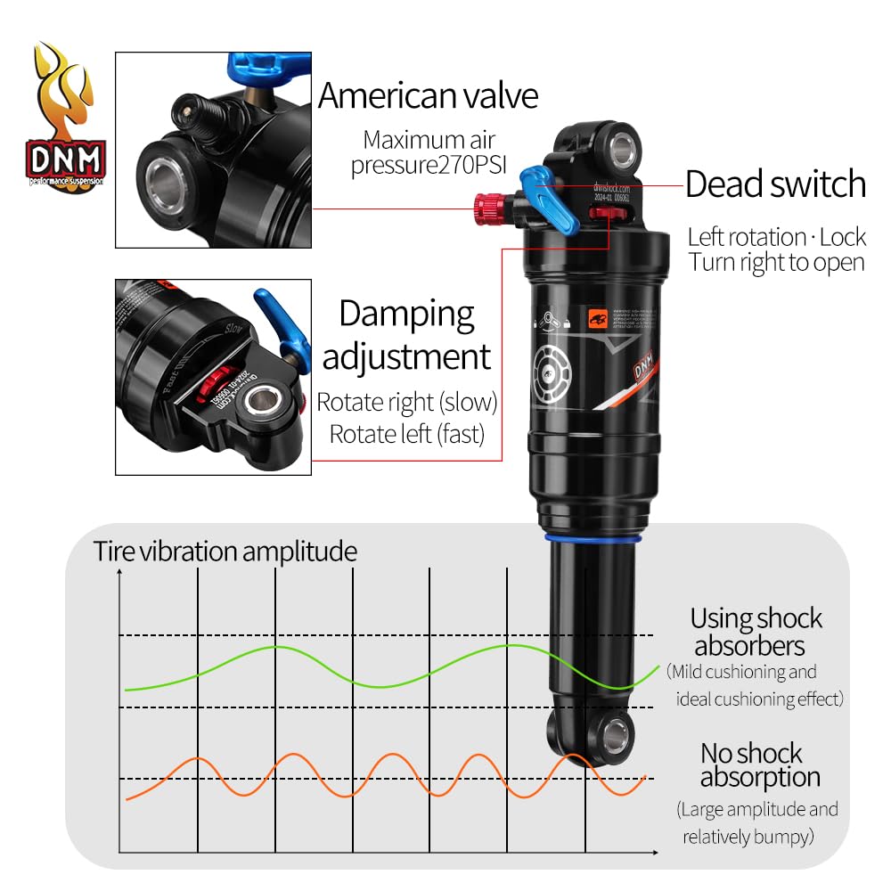 DNM AO-38RC Mountain Bike Rear Shock - Adjustable Air Pressure, Rebound & Lockout with Manual Remote - 190x50mm (7.48