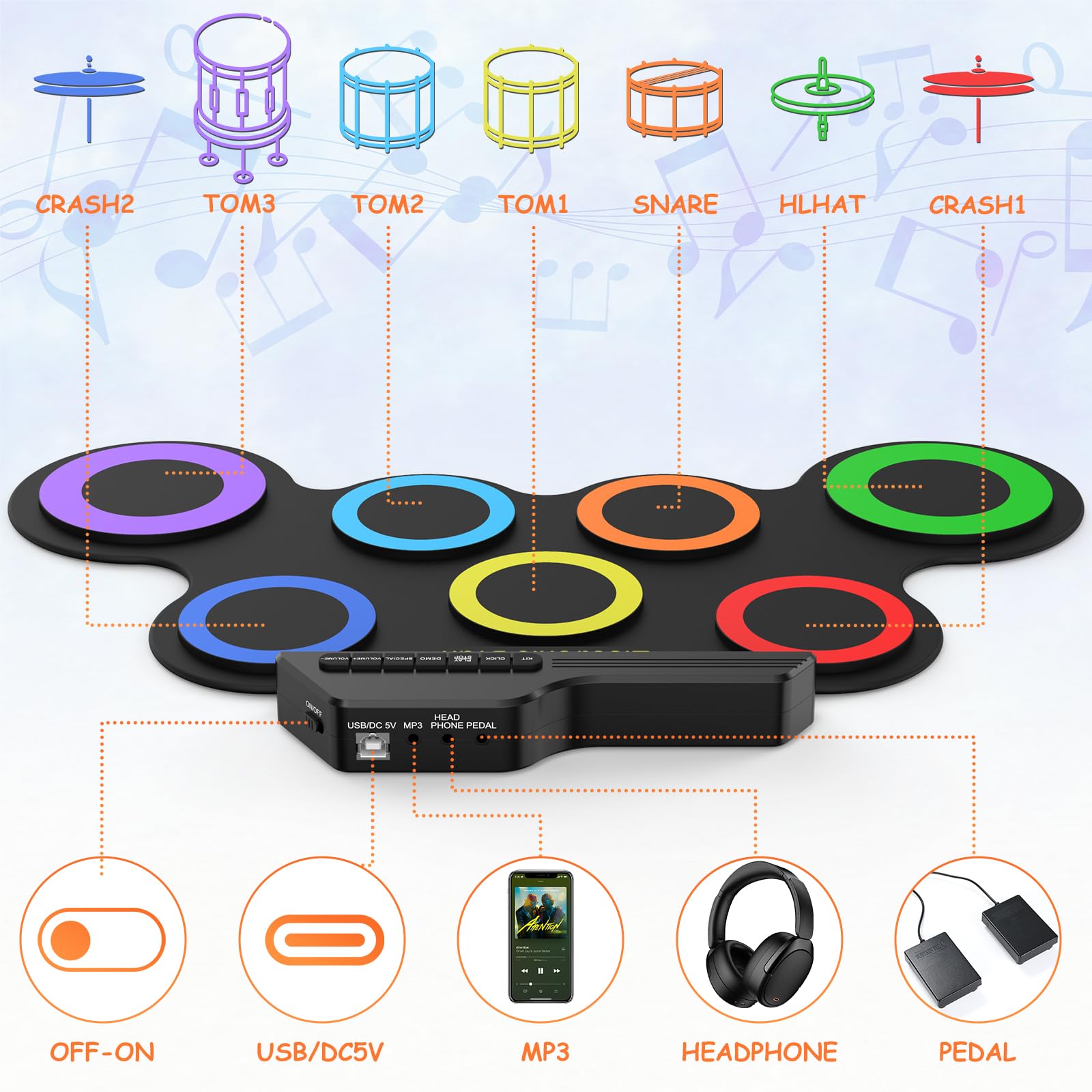 Rocktata® Electronic Drum Set - 7 Pad Roll-Up Drum Kit with Headphone Jack, Pedals & Drumsticks | Portable Practice Pads for Kids & Beginners | Perfect for Home Practice, Music Lessons & Quiet Training (No Built-in Speaker)