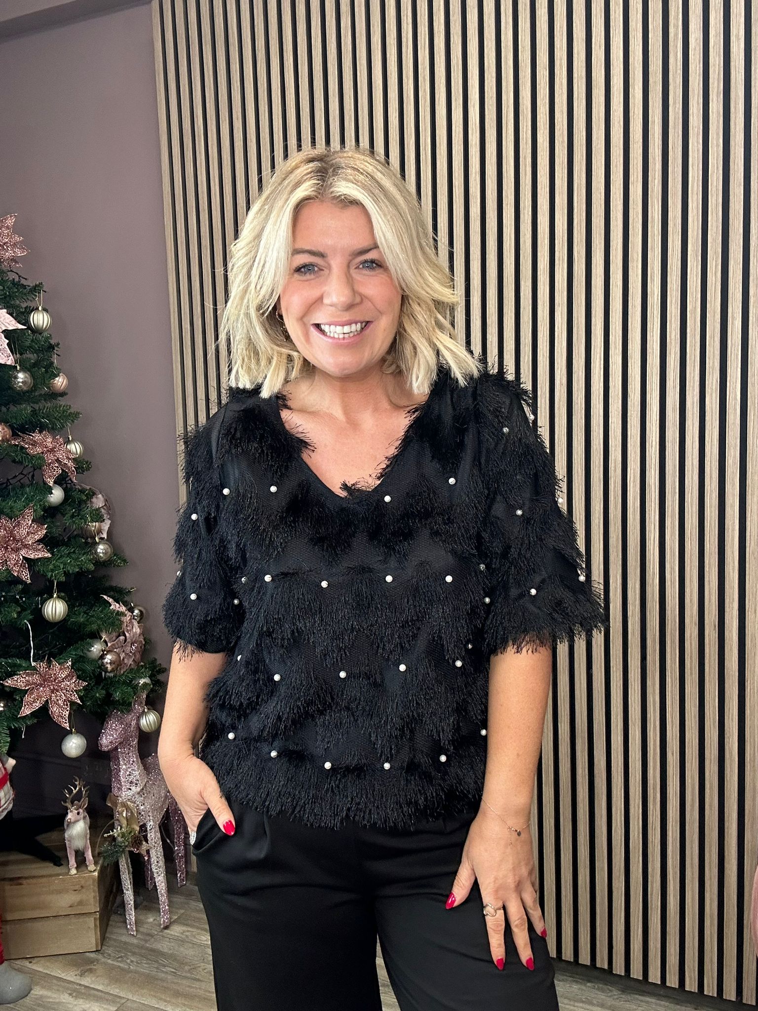 Elli Pearl Top for Women - Elegant Black & Pearl Blouse for Casual & Party Wear | Perfect for Office, Date Night & Special Occasions