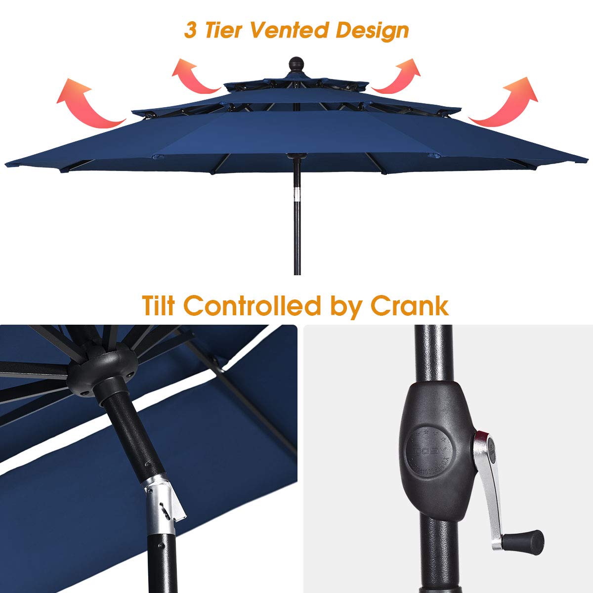 **Tangkula 10 Ft 3-Tier Outdoor Patio Umbrella - Aluminum Double Vented Tilt Crank Market Umbrella for Backyard, Poolside, Garden (Navy Blue) - Perfect for Shade, Relaxation & Outdoor Dining**