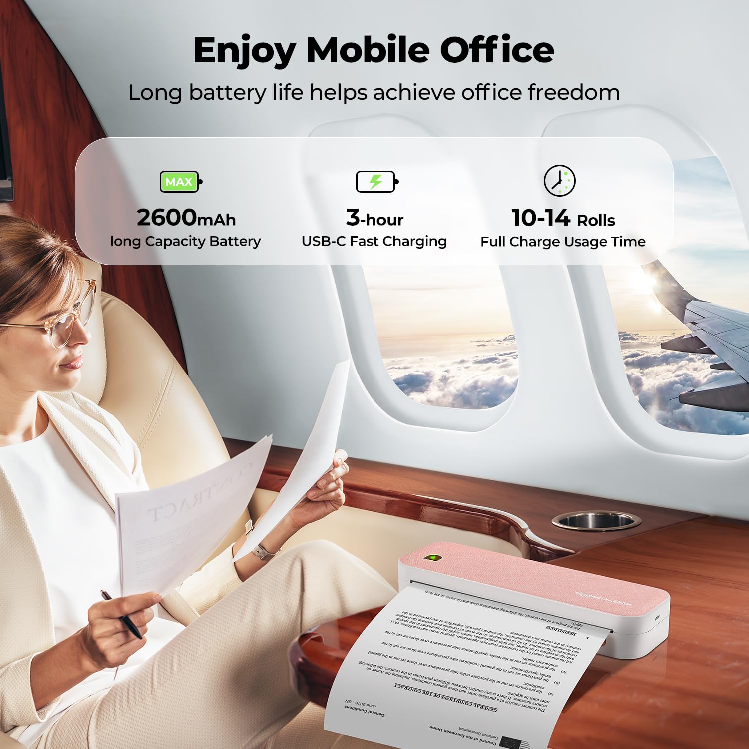 MUNBYN ITP01 Portable Bluetooth Thermal Printer - Wireless Inkless Printer for Travel & Office, Compatible with Android, iOS & Laptop, Prints 8.5x11 US Letter & A4 Paper (Pink) - Perfect for Receipts, Labels, Tickets & Travel Documents
